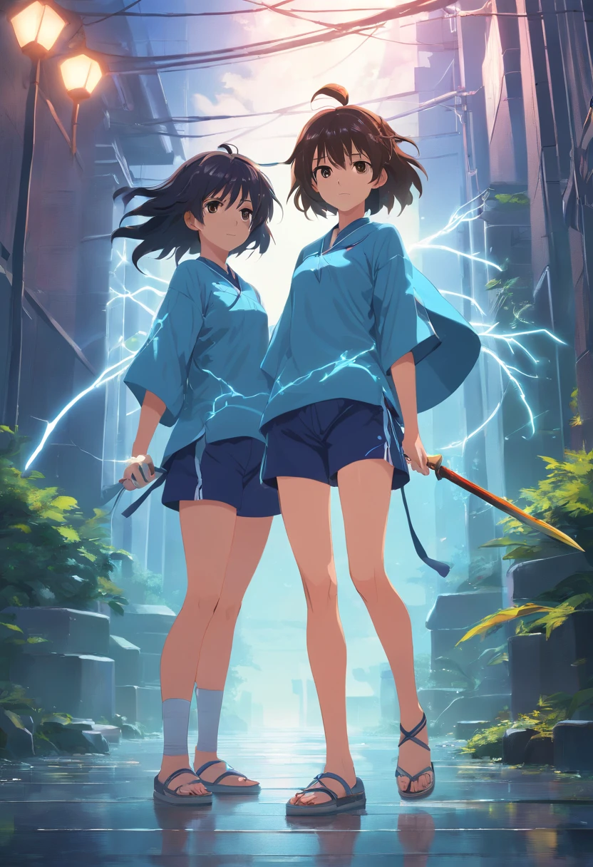 "Sinister atmosphere, Electricity, Mysterious twins, Wielding a sharp spear, Stylish shorts and tunic, Fluffy and wild hair, Decorative anklets, Intertwined roots, Embrace the nature of dark scholarship." Masterpiece, a 3D render, together, fights,