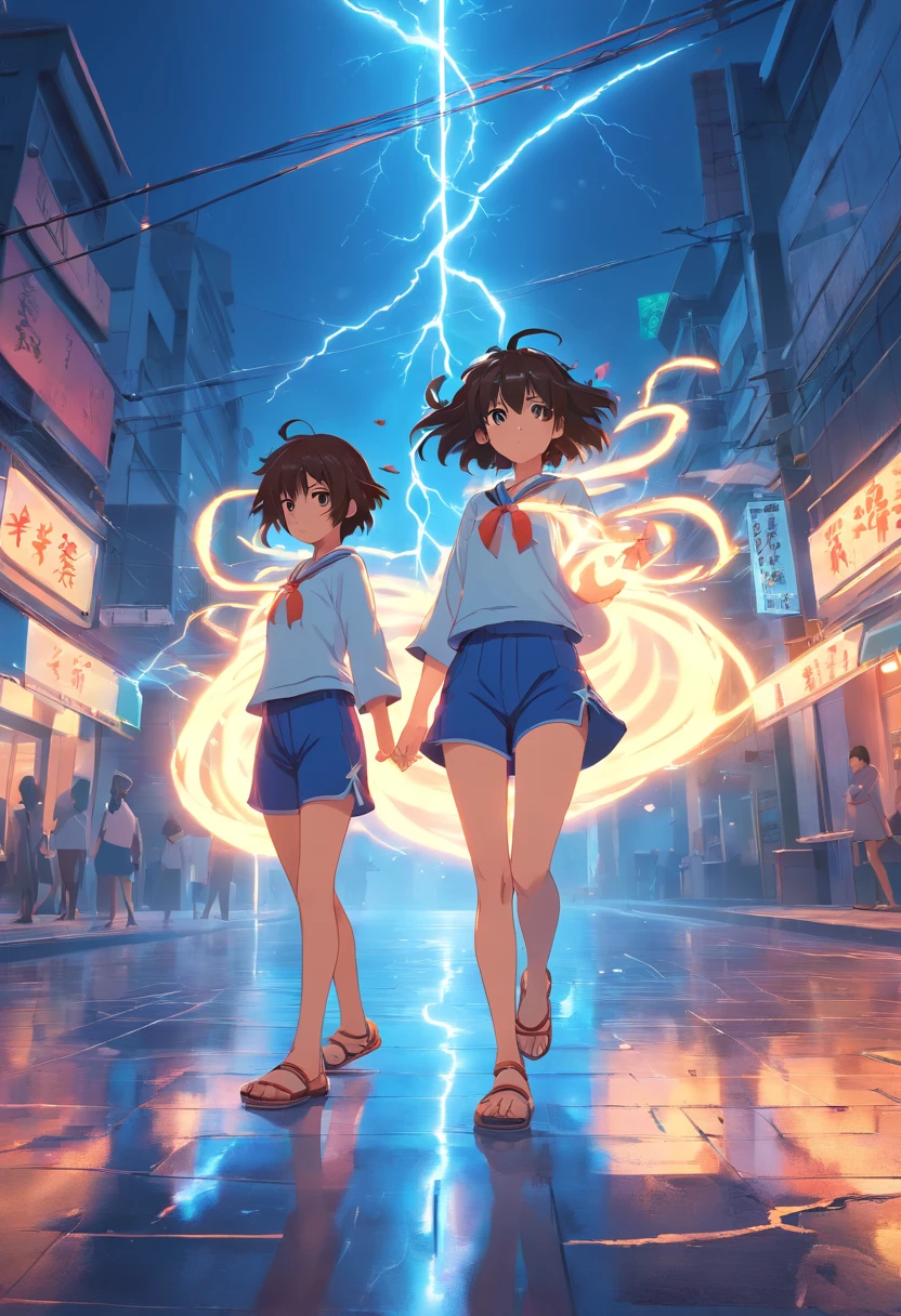 "Sinister atmosphere, Electricity, Mysterious twins, Wielding a sharp spear, Stylish shorts and tunic, Fluffy and wild hair, Decorative anklets, Intertwined roots, Embrace the nature of dark scholarship." Masterpiece, a 3D render, together, fights,