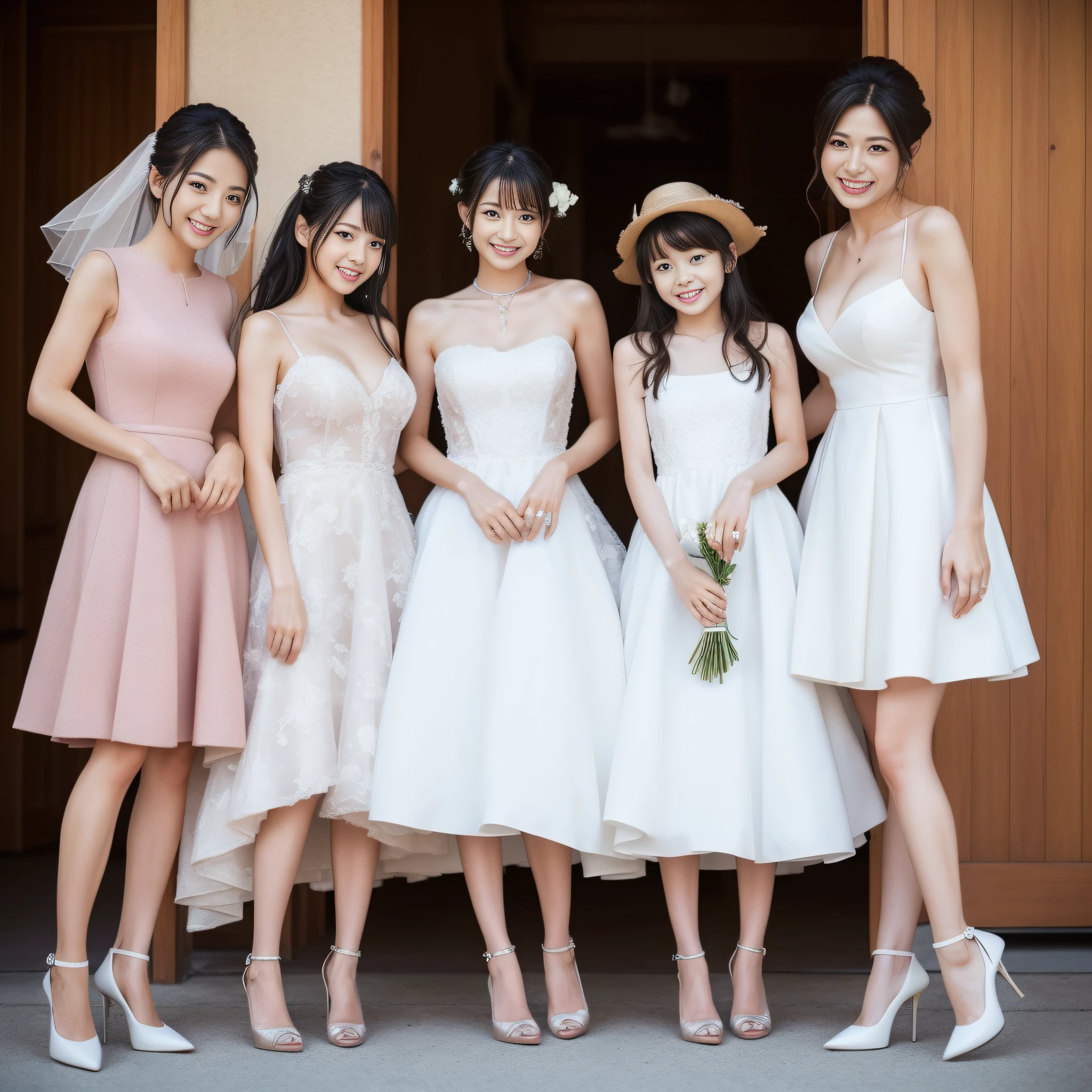 large full breasts、3女の子、japanes、party dress、cowboy shot,Long legs,high-heels,Wedding
