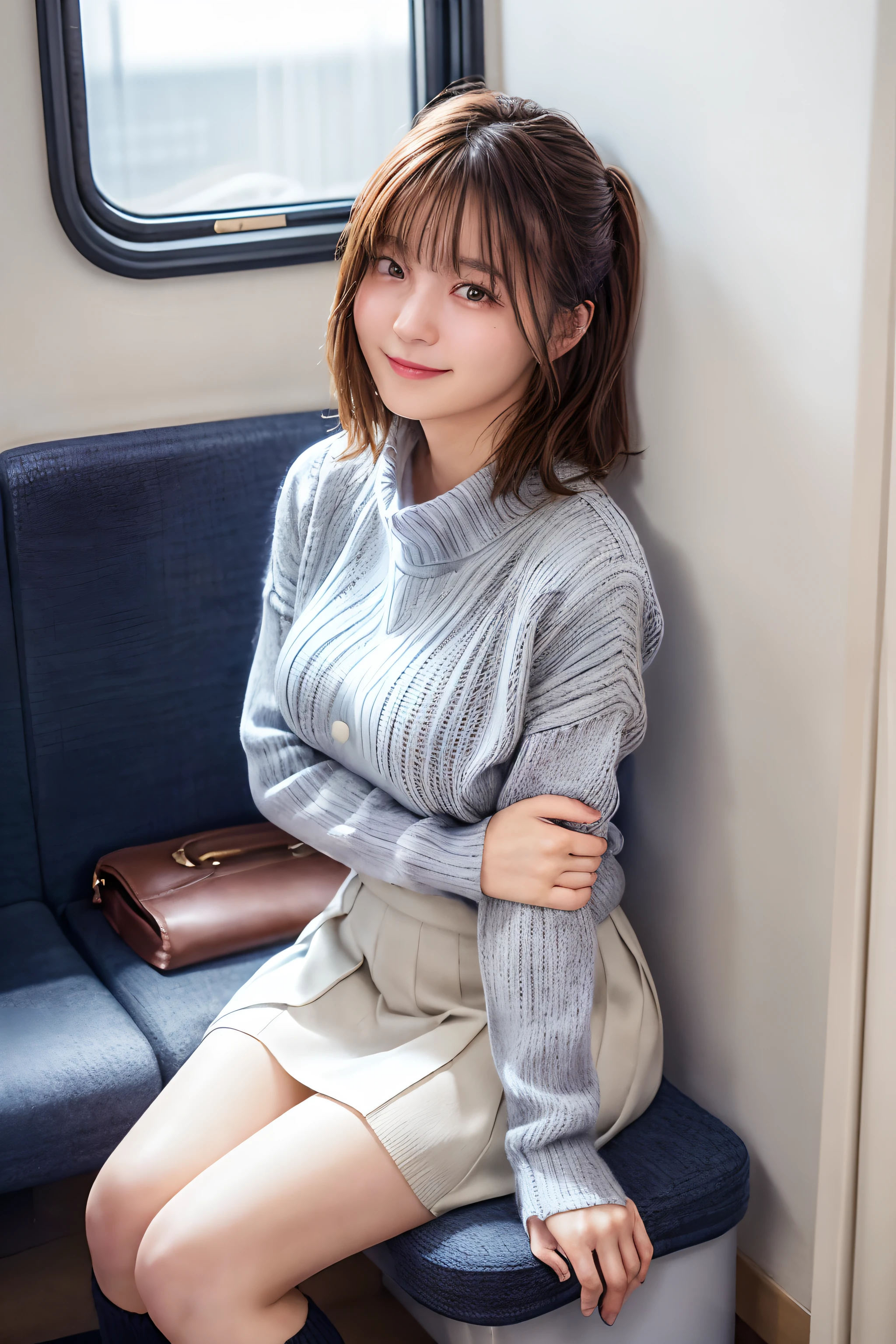 top-quality,ultra-detailliert,​masterpiece,realisitic,Photo Real,Bright lighting,1 girl in, an extremely beautiful 17-year-old girl, (kawaii:1.2),Thin smile, (Brown eyes),(brown haired),(bangss),perfect glossy skin,flawless skin,((A sexy)),((accurate hands without incongruity)), large full breasts,big breasts thin waist, Look at viewers,((knitted sweater)),(Blue Mini Pleated Skirt),((Sit up,spread legswide)), sockes, (Black knee socks),(Loafer shoes), during daytime,On the train,Horizontal long seat with your back to the window