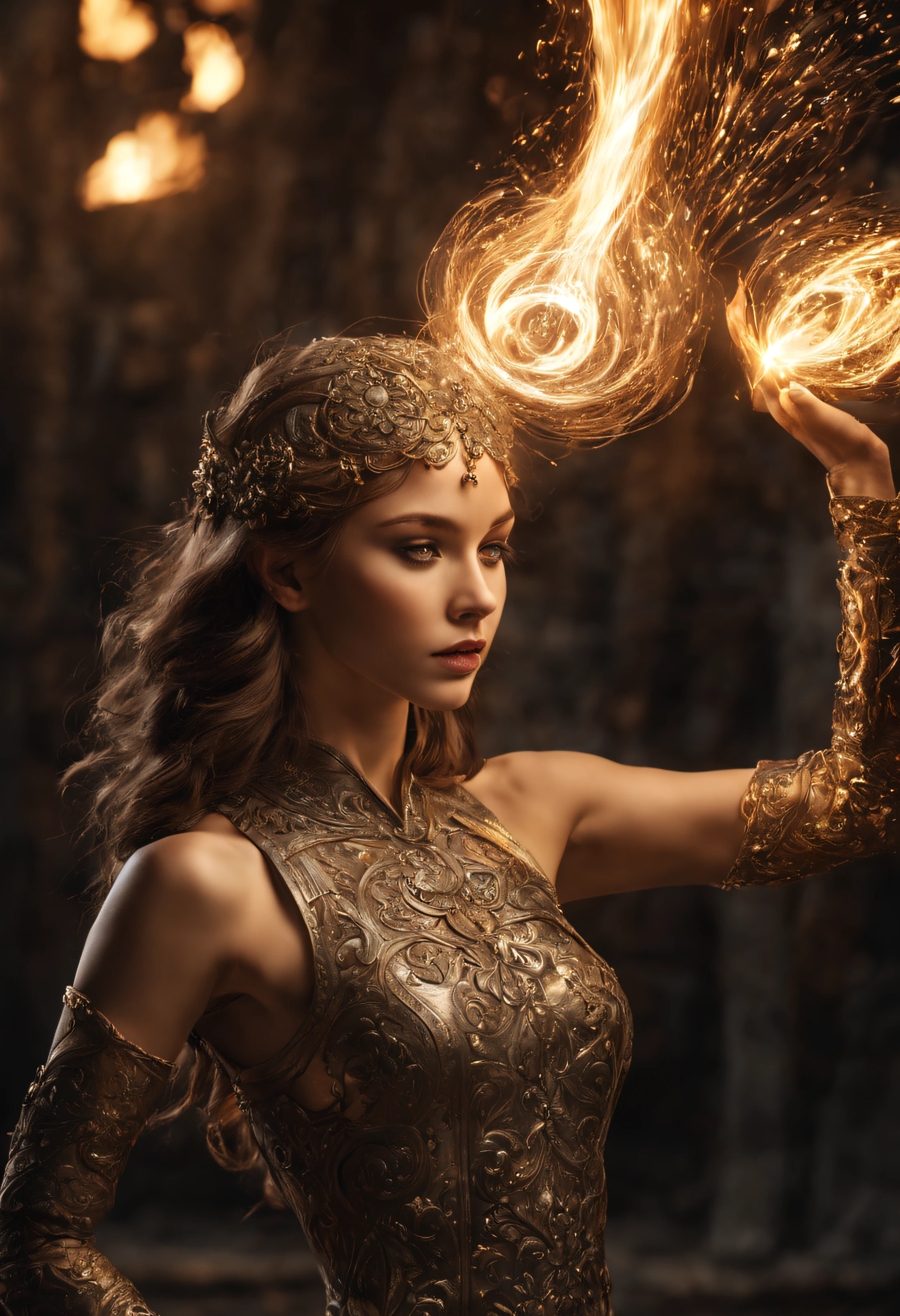 (1Russian girl)Progressive visualization: Experience the ethereal dance of light and shadow, as they intertwine in a mesmerizing display of the beauty of the lights of forging in a forge. Meticulously detailed, with very fine details. Sharp image. High contrast. closeup pose