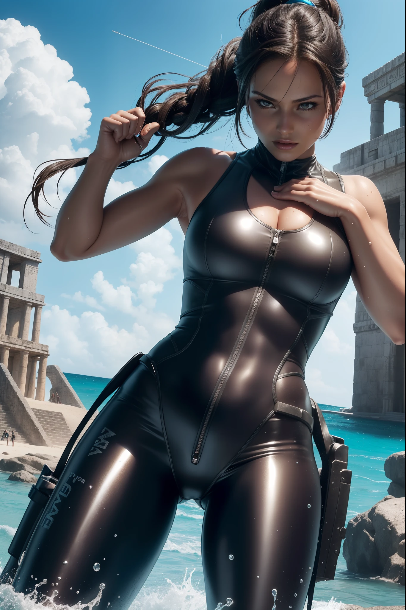 sexy Lara Croft Tomb Raider, unzipping the front of her silver color wetsuit, silver diving suit, ocean and mayan temple background, silver ourfit, coming out of water, cleavage, braided ponytail ,good lighting, athletic and fit body, cleavage, perfect hands, detailed hands, perfect eyes, detailed eyes, realistic, HDR, UHD, dynamic