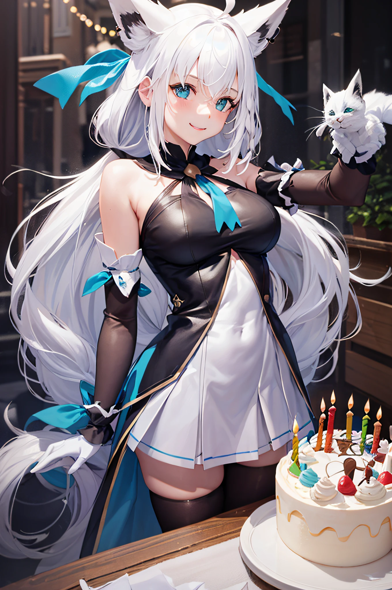 ​masterpiece, top-quality, Fubuki 1, white  hair, The upper part of the body, Look at viewers, The upper part of the body, is standing, Indoors,Life activities, ),((birthday party:1.5)),(masutepiece:1.2),,Outdoors,Best Quality,((Best Beautiful Girl)), High resolution, Unity 8k壁纸, (eradication))0.8), Perfect Lighting, extremely details CG, ( Perfectly structured wrist　Perfect Anatomy),model poses,Eyes open,(masutepiece:1.2), Best Quality, Fate Testarossa, 1girl in, Long hair, a blond,Twin-tailed, a black ribbon,(Park, High resolution, Unity 8k壁纸, (Illustration:0.8), extra detailed face, Perfect Lighting, extremely details CG, (Perfect hands, Perfect Anatomy),masutepiece, Best Quality,A big smile、Have a birthday cake、（(Single))