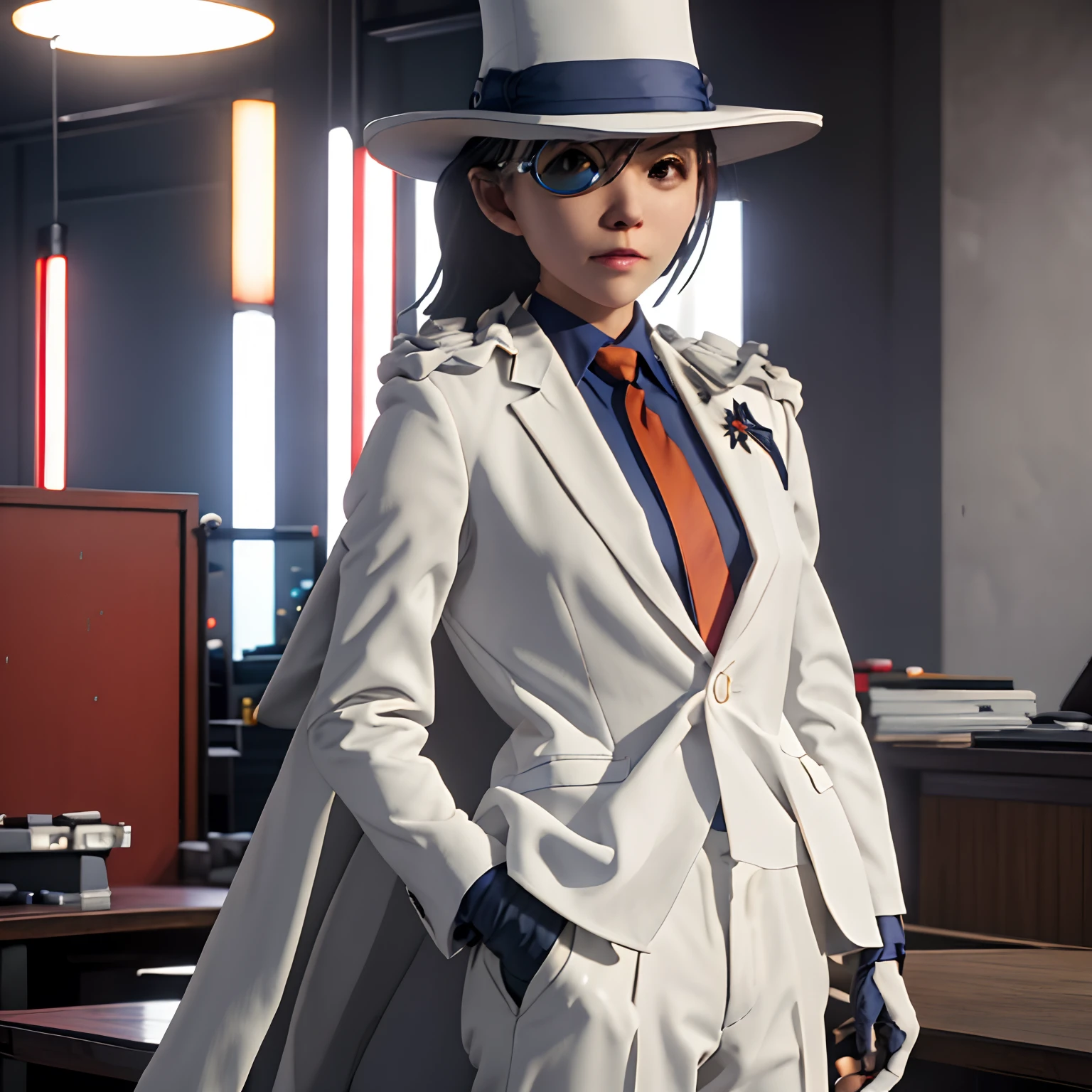 ​masterpiece, top-quality, 1girll, 独奏, White suit, White cloak, silk hat, monocle, red necktie, Blue shirt, white glove, guns, Have a gun, Targeting your audience, hands on pockets, Indoors