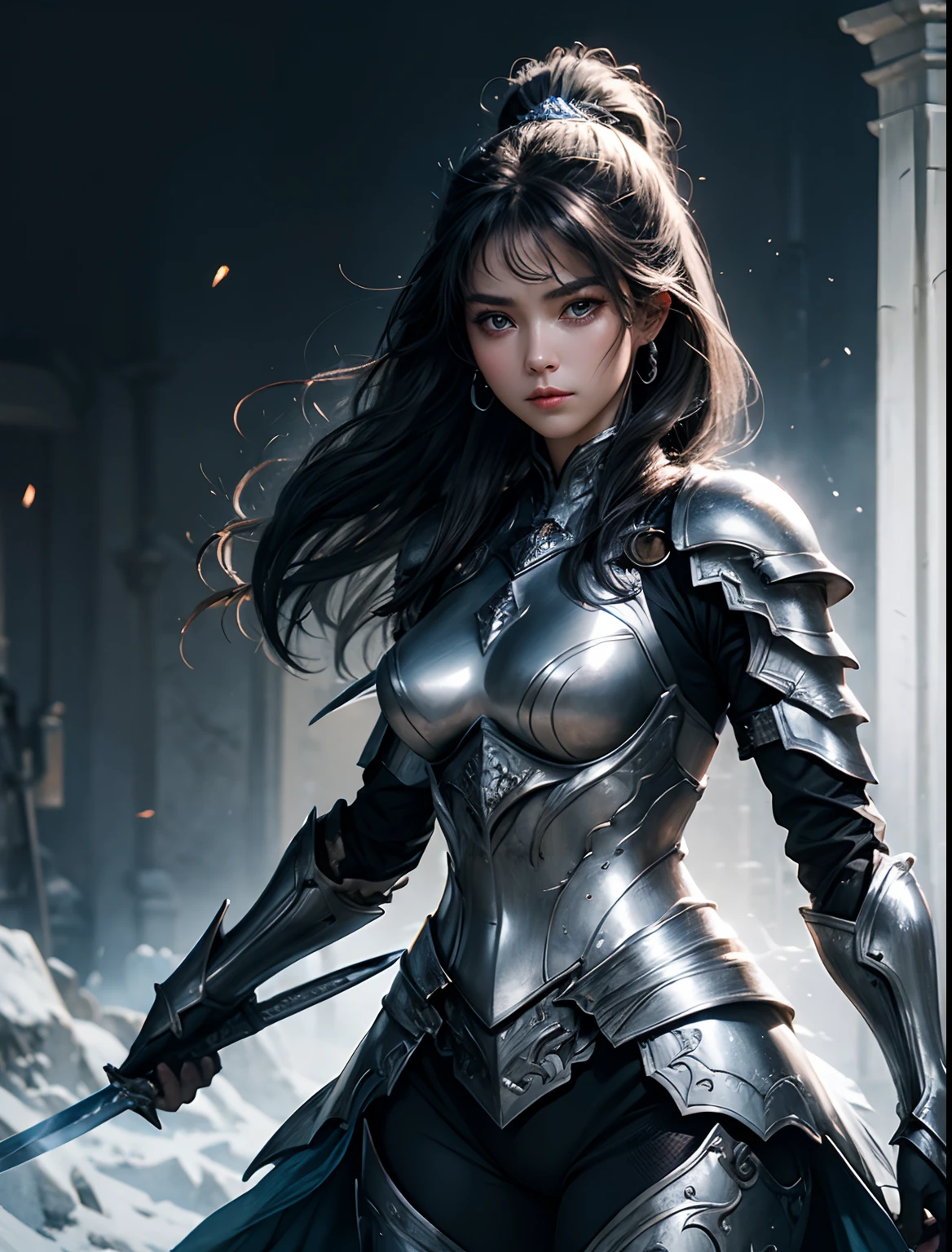 Woman in beautiful silvery-white armor。detailed face depiction。Masterpiece。A dark-haired。She held a longsword in one hand.、Standing with a serious expression。8K image quality。top-quality。