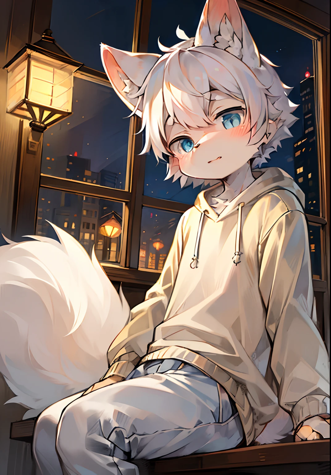(Bright Environment: 0.8), Masterpiece, High Quality, Abstract Res, Digital Painting\(Artwork\), by Dagasi, Yupa, Kiyosan, (Anthro, Fluffy Fur, Character Focus: 1.1), Anthro Male Cat, Short Hair, Portrait , bright eyes, panorama, character focus. (Detailed background: 0.7), Solo, Furry, Furry Male, Shota, Antr, (Full body fur, Fluffy tail, White fur, Blue pupil of left eye, White eye patch of right eye, White hair: 1.2), (Canid, Snow fox, Scientist, White sweatshirt, Black shorts: 1.2), (Interior, Daylight, Laboratory, Weapons Research: 1.1)