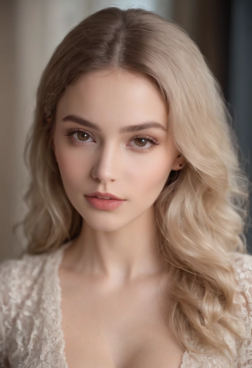 24 year old waif-like model, ultra realistic, meticulously detailed, portrait sophie mudd,  brown eyes, full lips, thin face, curly blonde hair, seductive, wearing business attire at a corporate office, open shirt showing her huge breasts, sexy skirt,