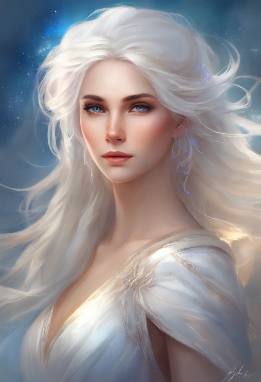 Portrait, beautiful woman, white hair, white dress, blue eyes, no makeup, cute, fighter, no smile