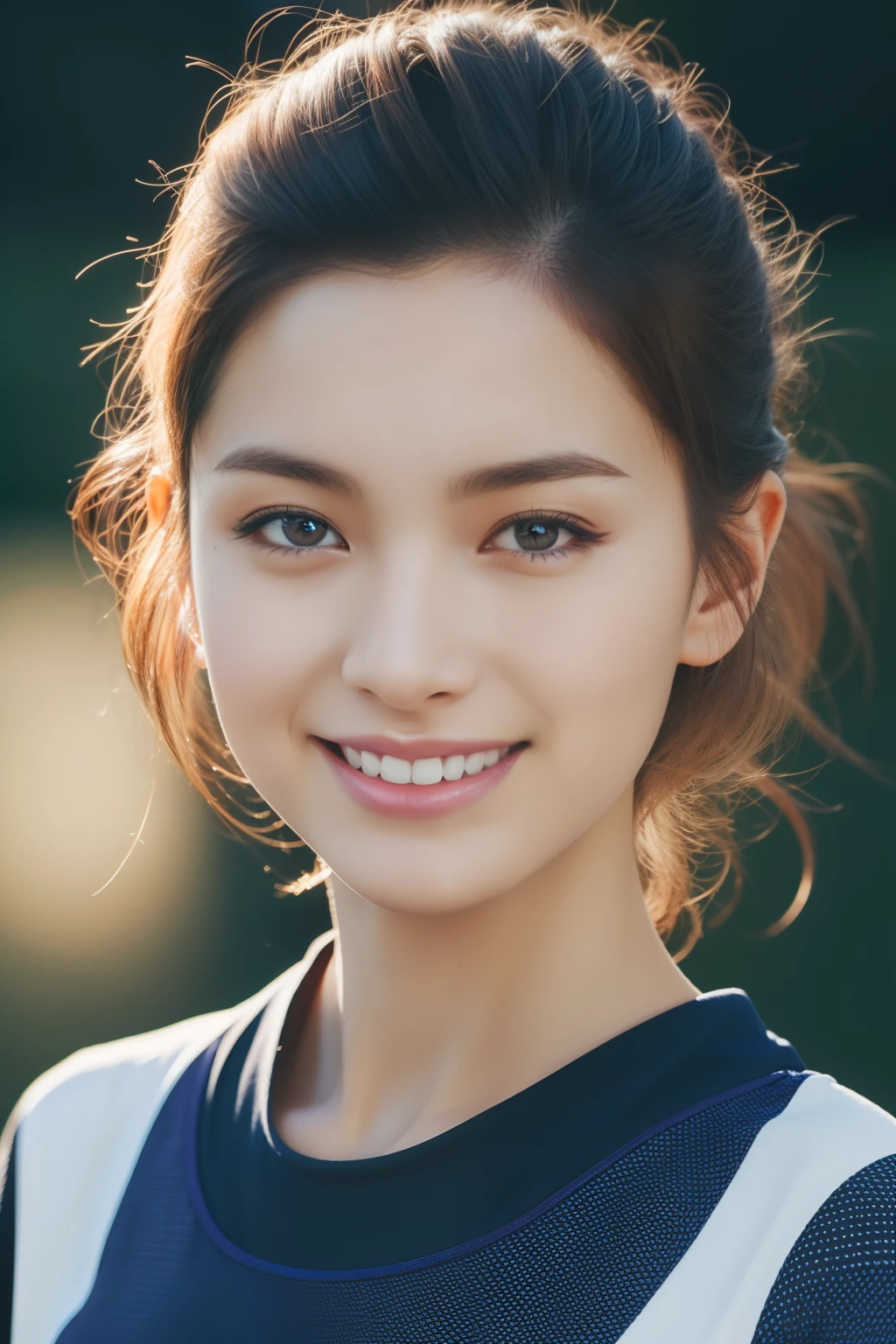 ((NSFW,masutepiece, Highest Quality, super definition, High resolution)), ((body shot:1.5)), Looking back, (1 slender woman of Japan, 28 years old),Film grain, a dark night, Photorealistic, one-point perspective, diffuse reflection, colorful shiny particles, Lens Flare, Soft lighting, Seductive smile, dark brown hair, ((Hair UP)), (Tennis Clothes:1.2), hyperdetailed face, Detailed eyes, Double eyelids, Huge breasts:1.2, 4K,