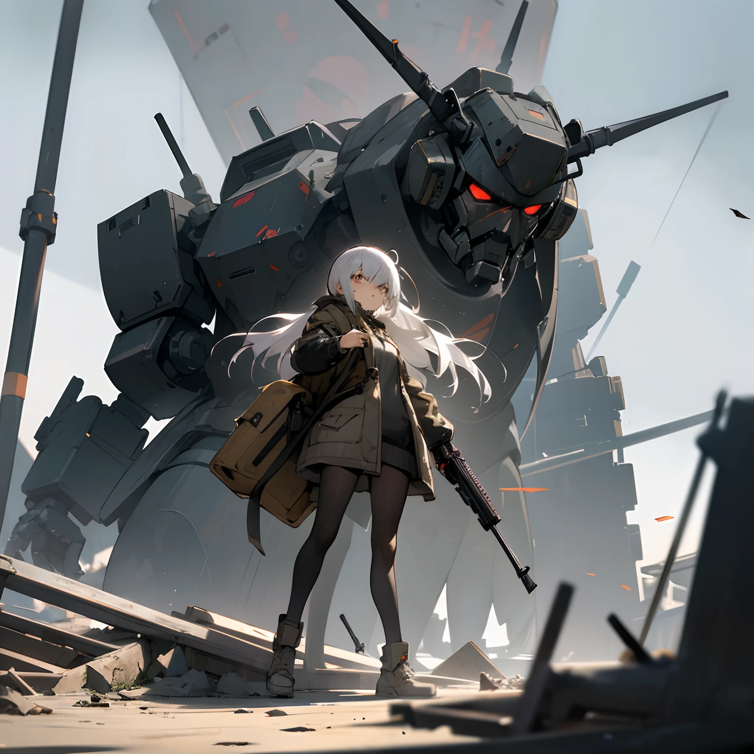 winter, japanese anime style, armored-core, slender black robot, 10 ft, small head, collapsed building, cool tall woman, cute face gray parka, dynamic angle, cute face, millet(backpack),gray parka, cover one's face with a hood,painting titled "She stands at the feet of the robot.", rough sketch, silver hair, dark skin,bright Golden eye, cinematic lighting, whole body, plant coverd rubble, flower, plant coverd ruin in Osaka, post-apocalypse, 1woman, smooth hair, red parka, black Stockings, depth of fieldmasterpiece,high quality,8k,16k,(((ARMORED CORE)))Rugged (Masquerade: 1.2),(dirt aging mecha: 1.4),(Rifle: 1.1),(flight, aero run: 1.4),(Discharge: 1.2),(glow purple: 1.3),(Explosion: 1.1),(Rapid: 1.2),(top: 1.6),,(Demonic Appearance: 1.6),(black armor: 1.6),((smart body shape)) (((perfect face))),((head-mounted display)))