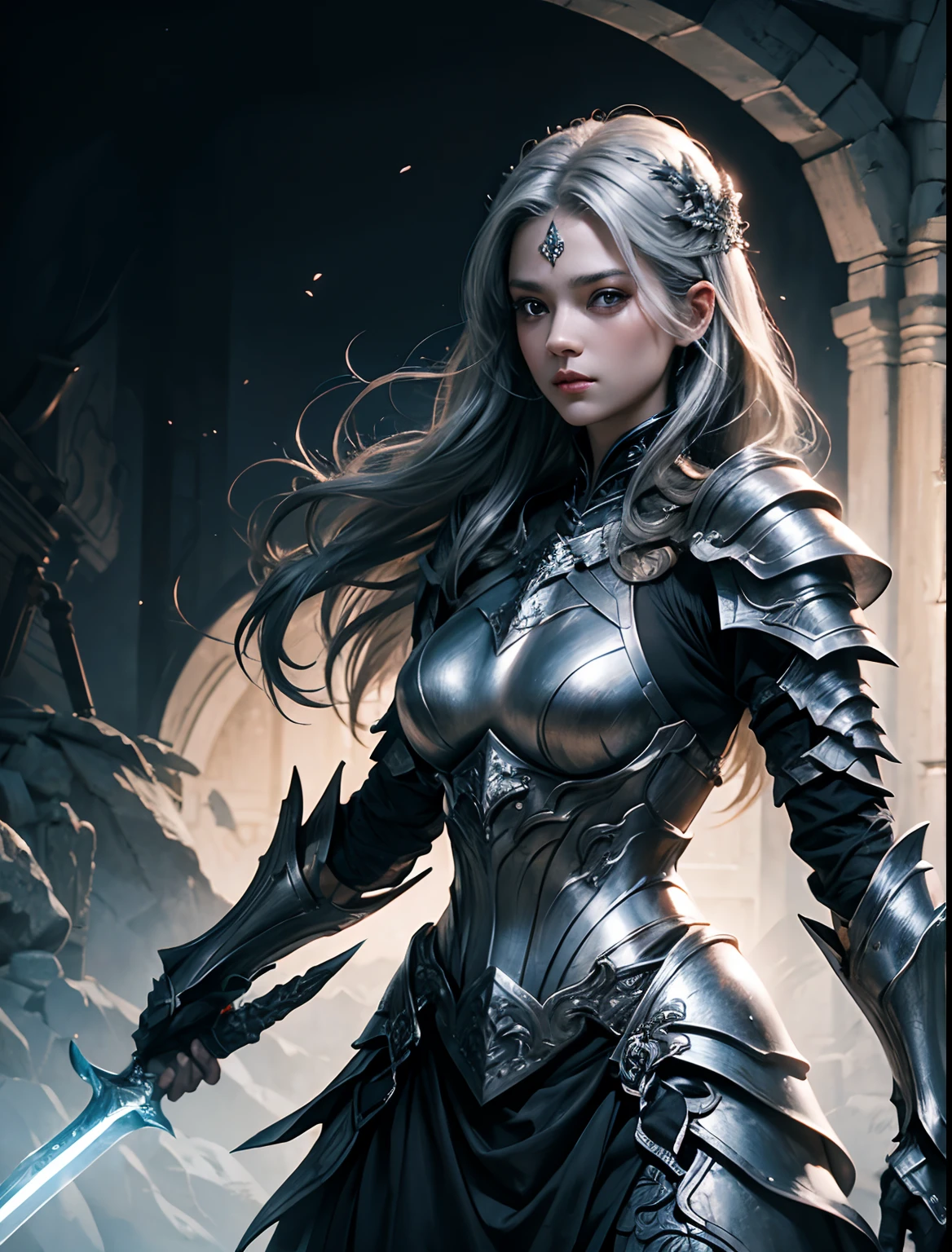 Beautiful ugly woman wearing silvery-white beautiful armor。She holds a longsword in one hand。serious facial expression。detailed face depiction。8K image quality。Masterpiece。