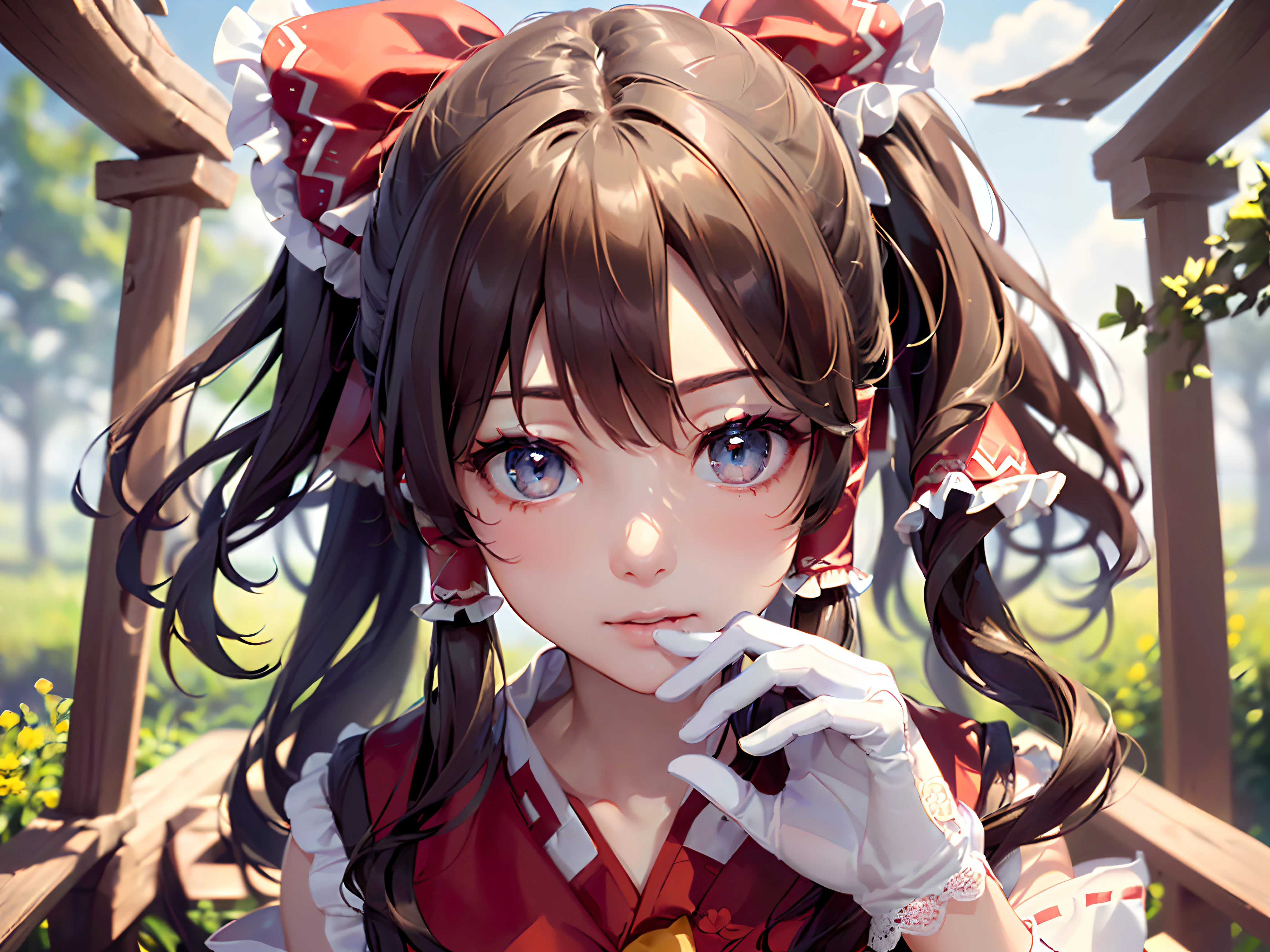 (((((a girl wearing lace gloves,hands together,)))))(((hakurei reimu:1.1,)))(((straight hair,supple hair,twintails,bangs,brown hair,brown eyes,)))(((( nontraditional miko)))),((1girl,Solo,))(Masterpiece,Best quality, Beautiful and aesthetic:1.2),((超高分辨率,)) (16k),((from above,deep field)),((((hair ribbons,has a big cute bow in her hair,))))((ray tracing,Dynamic lighting,soft lighting,natural lighting,cinematic lighting,realistic lighting,mastpiece sidelighting)),(((rich background,)))((the Greatest masterpiece,))))(dawn,)(((soft clouds, light particles,))),((full body shot,a girl standing in a serene forest)),Physically-based rendering,automatic white balance),Amazing,Sharp focus,Natural background,detailed background, (((highdetailskin,high detailed eyes,)))Intricately detailed clothing,Slender,((breeze,blooming)),(masterpiece sidelighting),(The sheen),(((Delicate fingers and hands:0.65))::0.85))),(Detail fingers,perfect fingers,finely fingers,correct fingers),(((Superior photographic quality))),((unbelievable Ridiculous,))((extremely_Detailed_Eyes_and_face)),(Dynamic configuration: 1.2),Brilliant,Striking contrast,High saturation,Sony F and 24-105mm f / Use a Sony Alpha 4 mirrorless camera with 1G OSS lenses, reflector, (hyper realisitic:1.4),anatomically correct, textured skin, super detail, award winning,