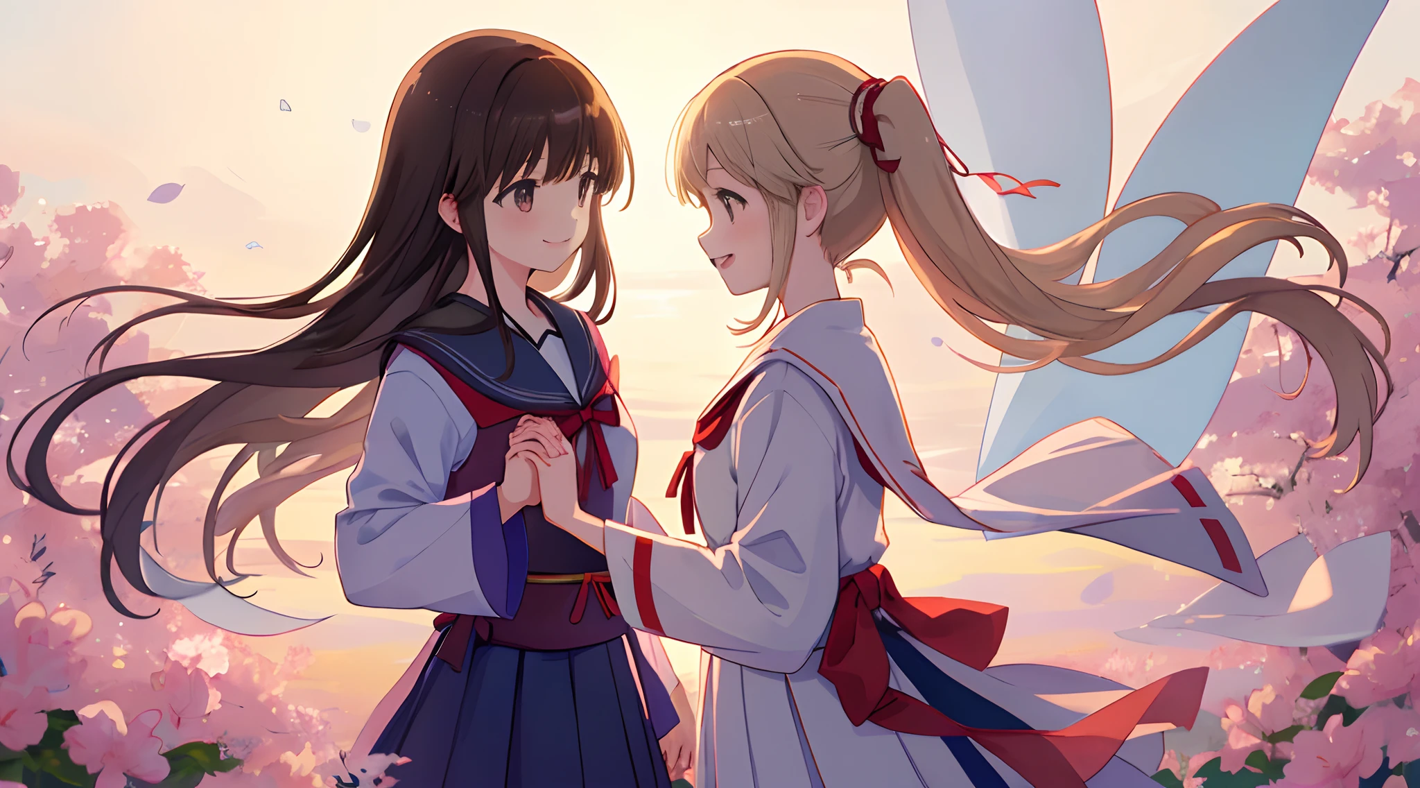 girl with,two people,Hand in hand,A slight smil,校服、Long,animesque