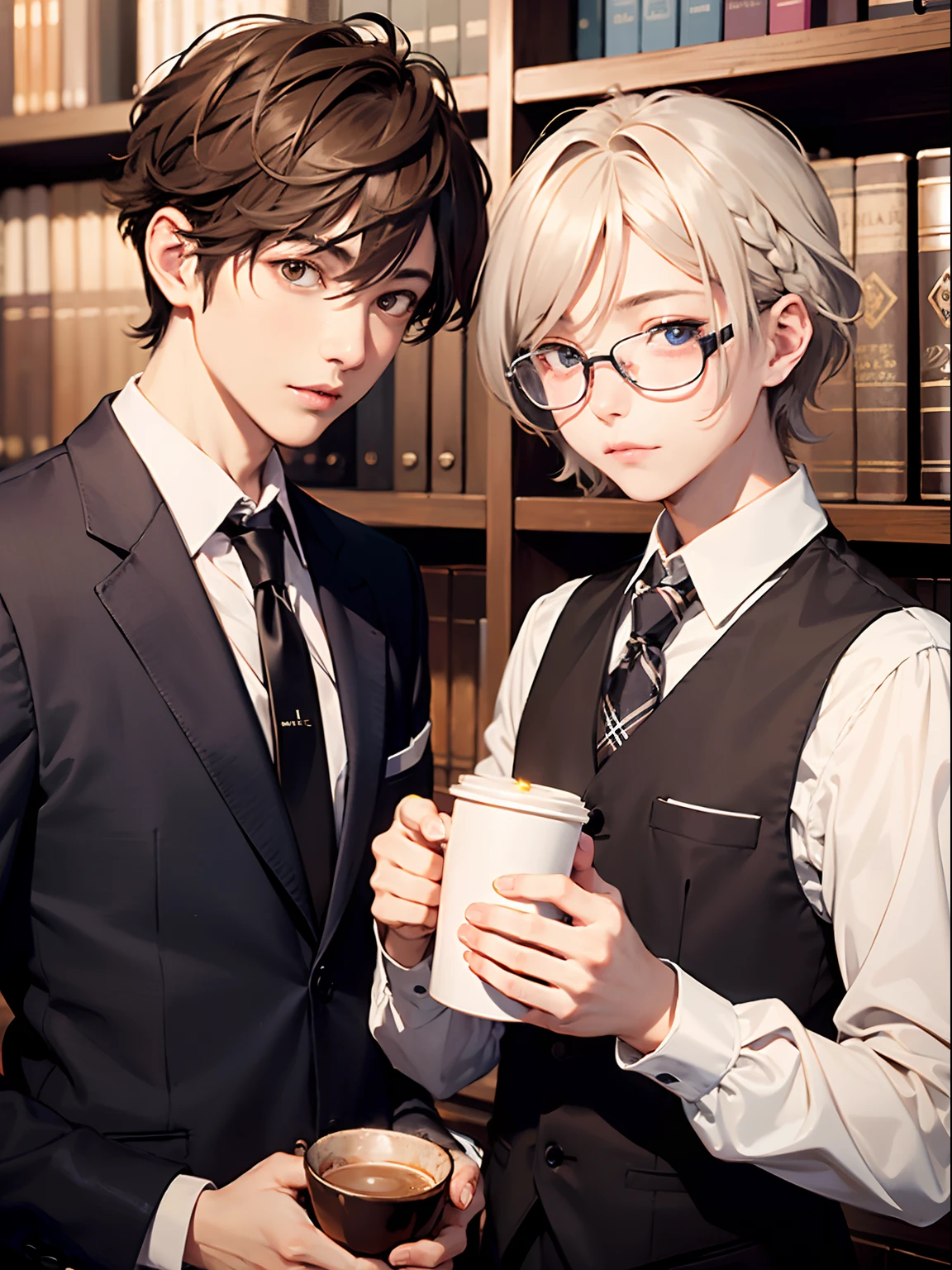 2boys,11 only、(Man's :2),(bobhair:1.5)、silber hair、light brown hair、Drinking coffee、chum、Brightly colored ties、Cluttered library、Twilight,Natural lighting、hightquality、masutepiece,8K,hight resolution、