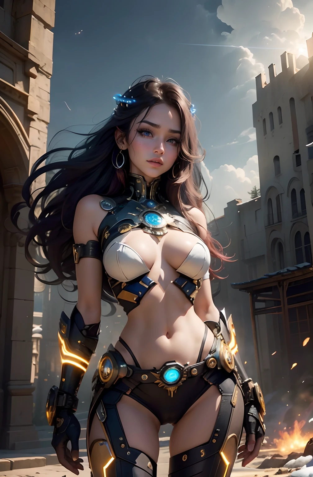 realistic visual effects,attractive beautiful,dramatic contrast,Gentle lighting,Delicate warmth,the soft light,hyper HD,Extremely colorful,best qualityer,Snow-whiteskin,8K high quality,Sexy goddess,A pair of big eyes are beautiful and moving,White skin,Makeup,Sexy outfit,Armed with futuristic modern weapons,gold;jewely;Blue Electric,【Background with】Large gears,Large gears,Doomsday ruins,Giant tornado,Strange sky,Lightning Thunder,The setting sun burns the dark clouds,Multiple planets,The end of the world,Multiple planets,Mards,Jupiter,Mercury,Strange sky,The Eiffel Tower,Egyptian pyramids,Great Wall of China,Giant Tornado ultra-futuristic car,Cool headlights。