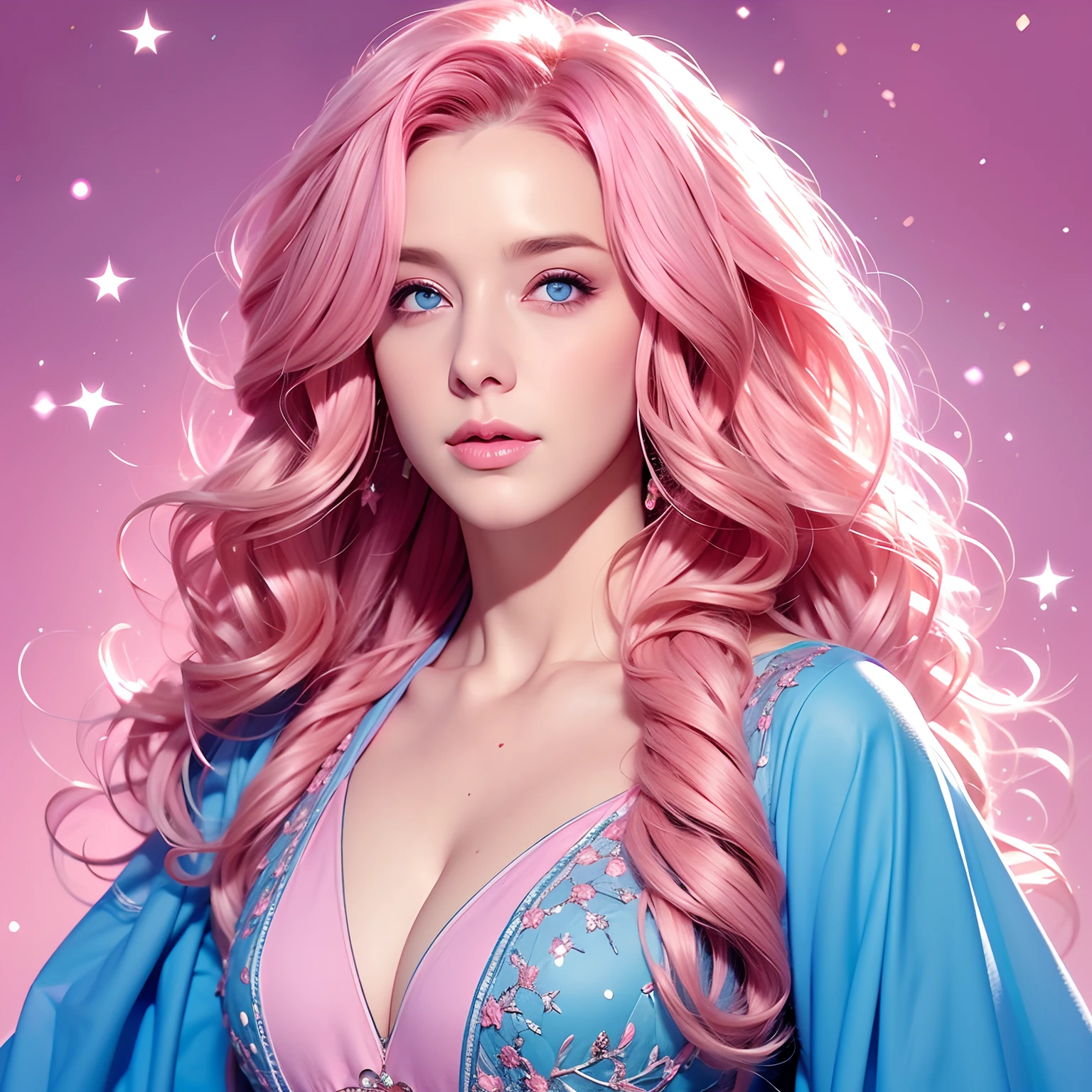 a woman, long curly hair, pink hair, blue eyes, magical background, star, low-cut clothes, pink background
