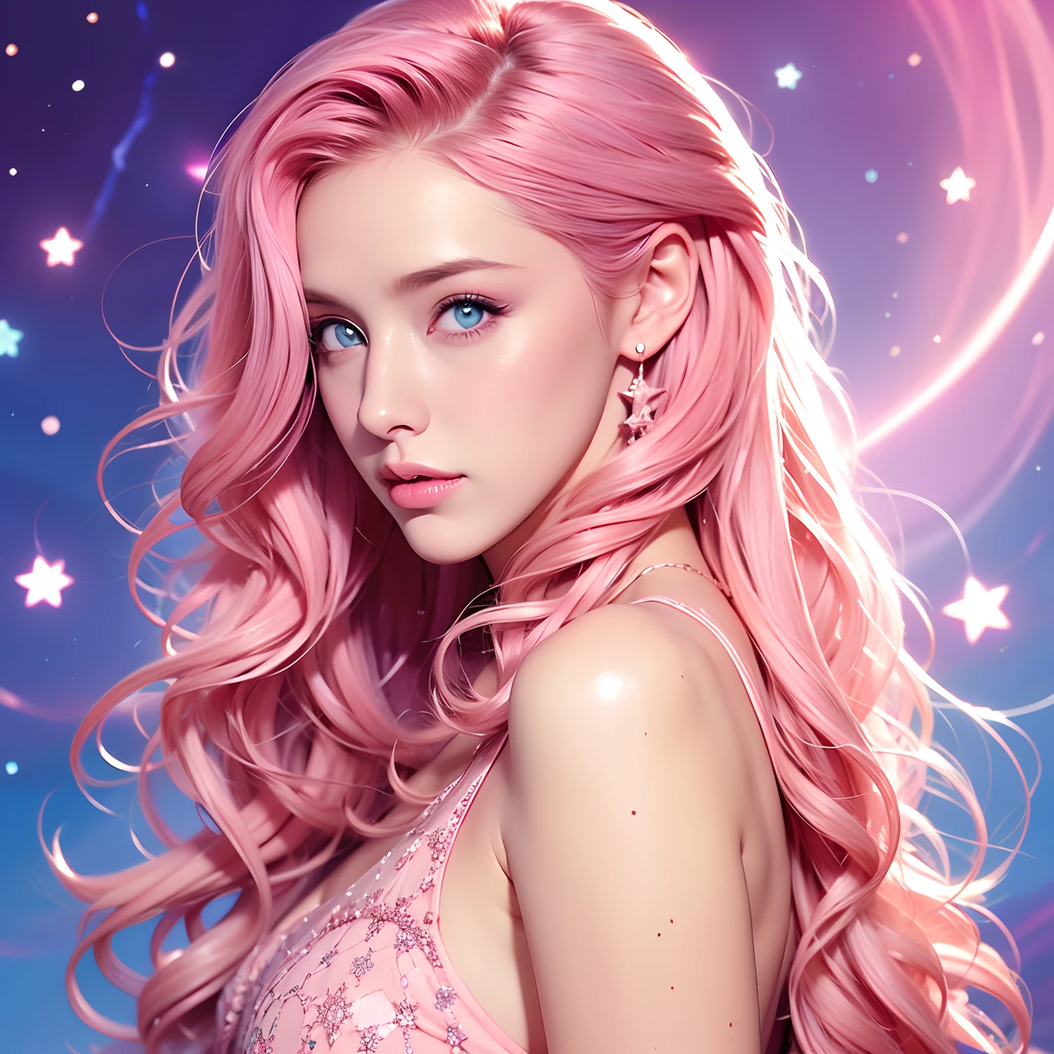 a woman, long curly hair, pink hair, blue eyes, magical background, star, low-cut clothes, pink background