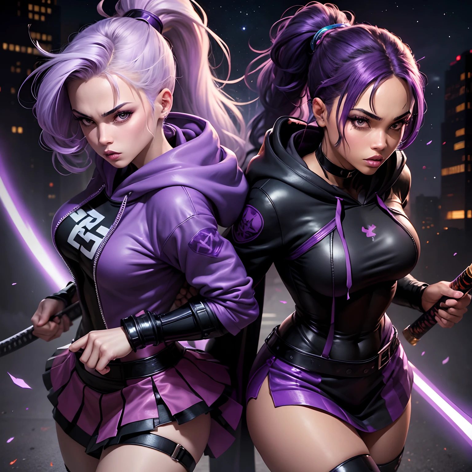 graphic novel style, ready to fight, houston texas, night time, purple smoke, two beautiful crime fighting models, one caucasian with light purple hair dressed in black, one mixed African American with dark hair dressed in purple, 23 years old, wearing hoodies, skirts, short pony tails, katanas