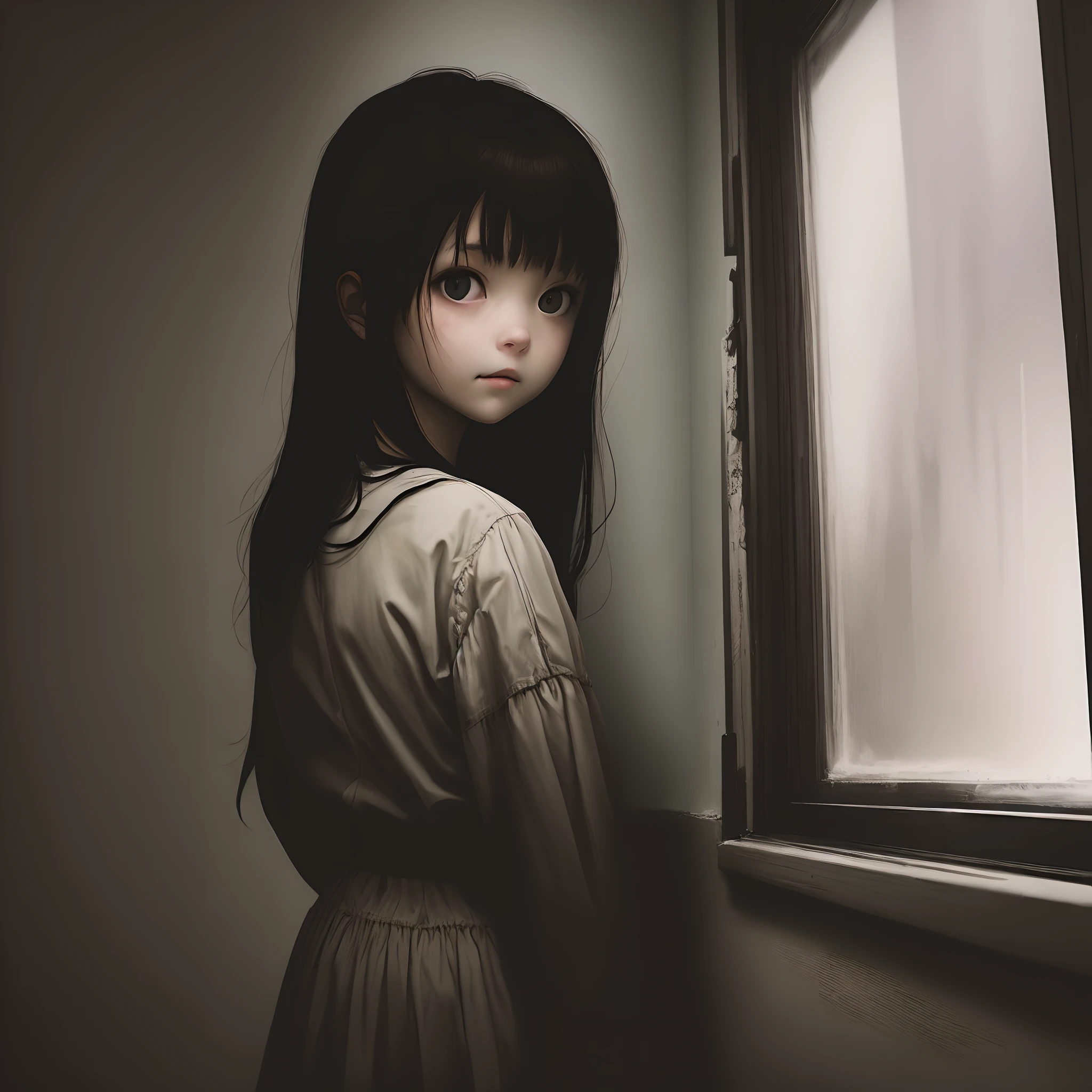 a girl beside a window backside dark room shadow horror