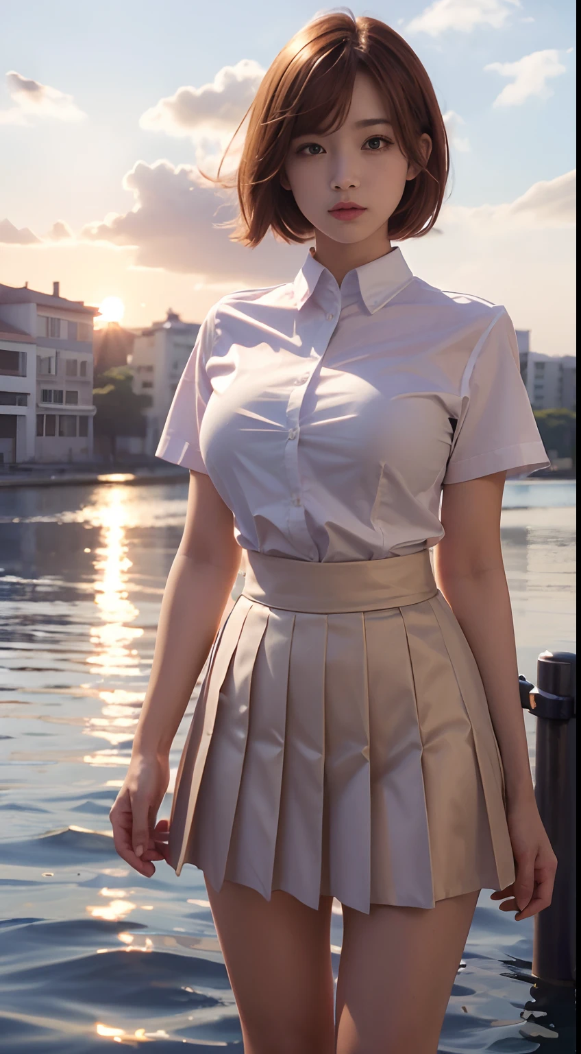 top-quality, masutepiece, High Definition, 16k image, (Sunset sky), Beautiful clouds dyed red, Dazzling sunset, Sunset sky reflected on the surface of the water, Beautiful High School Girl, (((Opening legs))), ((red blush)), (Medium bob hair), Beautiful light brown hair, beautiful light brown eyes, (plump big breasts), High School Uniform, Constricted waist, White blouse with short sleeves, Pleated skirt , High school girl standing on the pier on the riverbank, Be mesmerized by the mesmerizing reflection of the sunset on the surface of the water. Short skirt of uniform swaying lightly in the wind,