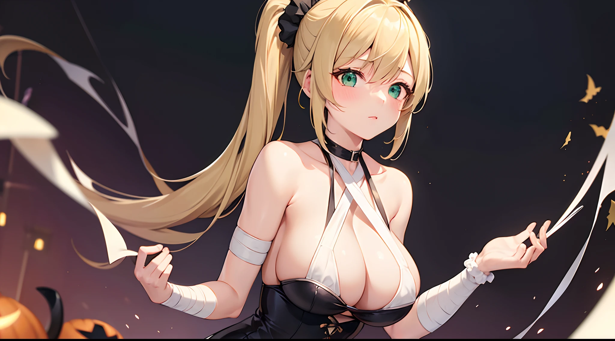 1 girl, game CG, long bandage wrapped around body, bandage over naked, hair scrunchie, gigantic breasts, blonde, middle hair, side ponytail, green eyes, Halloween background,