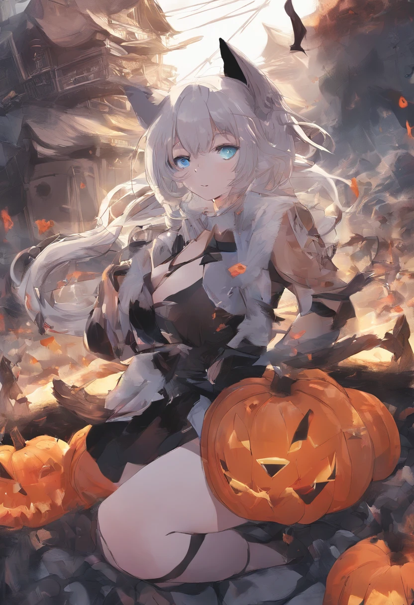 (masutepiece), (Best Quality), Realistic, Photorealism,(One Girl And One Animal Cat:1.5),(Cat Halloween Cosplay),Blue eyes,Orange pumpkin,Halloween atmosphere in Shibuya,Big cleavage,crescent,Darkness of the night,masutepiece,top-quality,Ultra-high resolution output image,) (The 8k quality,),(Image Mode Ultra HD,),(Image Mode Ultra HD,),Japan Faces