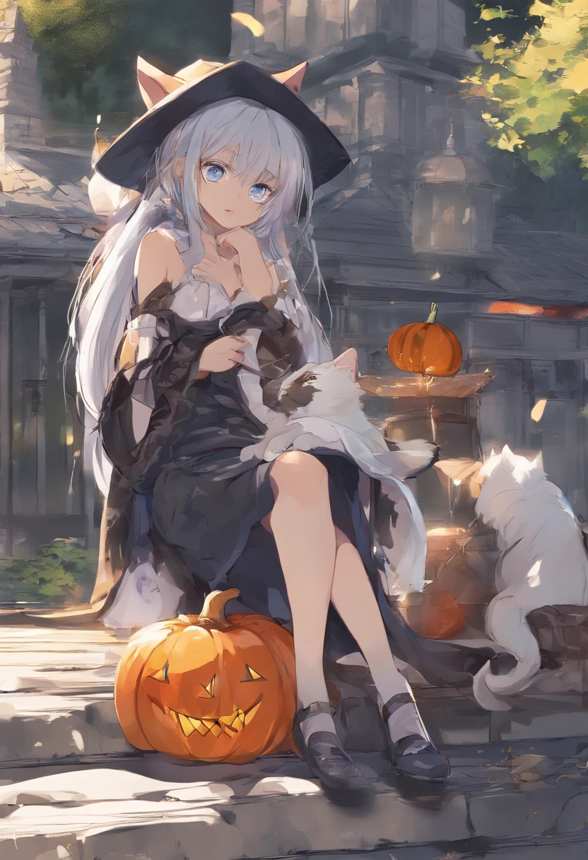 (masutepiece), (Best Quality), Realistic, Photorealism,(One Girl And One Animal Cat:1.5),(Cat Halloween Cosplay),Blue eyes,Orange pumpkin,Halloween atmosphere in Shibuya,Big cleavage,crescent,Darkness of the night,masutepiece,top-quality,Ultra-high resolution output image,) (The 8k quality,),(Image Mode Ultra HD,),(Image Mode Ultra HD,),Japan Faces