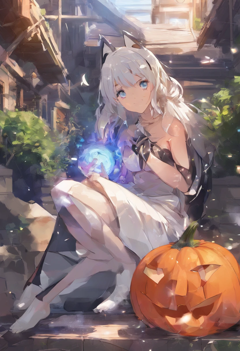 (masutepiece), (Best Quality), Realistic, Photorealism,(One Girl And One Animal Cat:1.5),(Cat Halloween Cosplay),Blue eyes,Orange pumpkin,Halloween atmosphere in Shibuya,Big cleavage,crescent,Darkness of the night,masutepiece,top-quality,Ultra-high resolution output image,) (The 8k quality,),(Image Mode Ultra HD,),(Image Mode Ultra HD,),Japan Faces