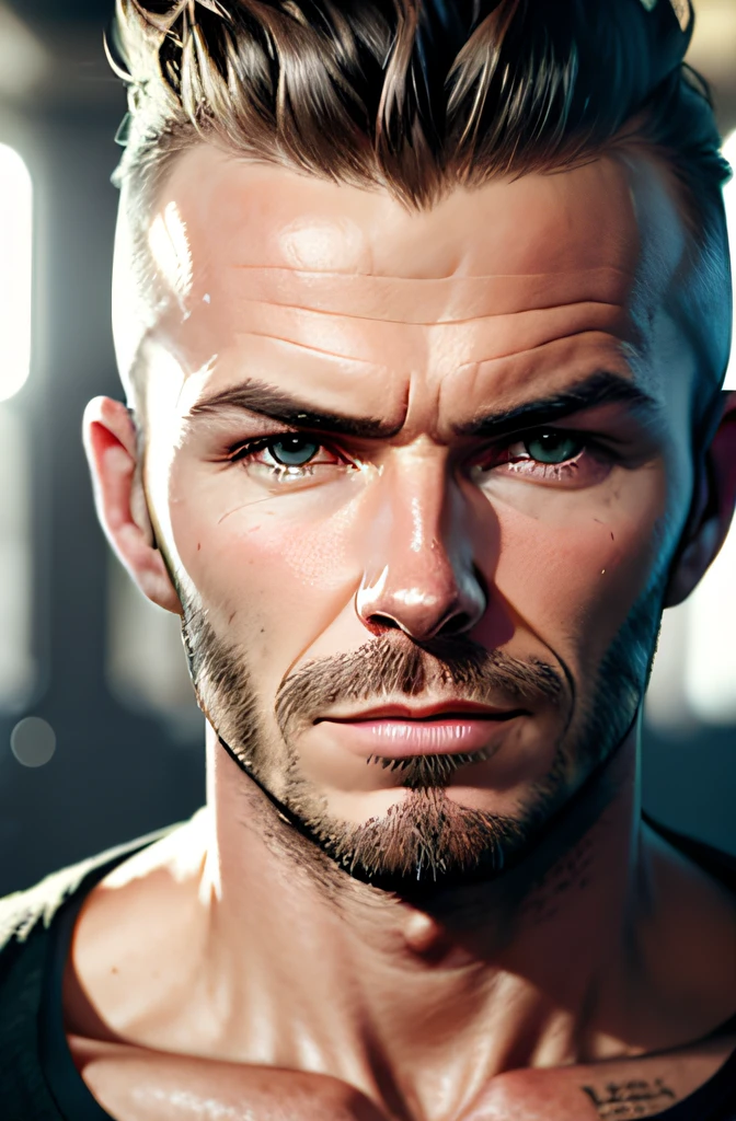 David Beckham, portrait haut du corp, foot, Look into the camera, specular lighting, Volumetric light of the face