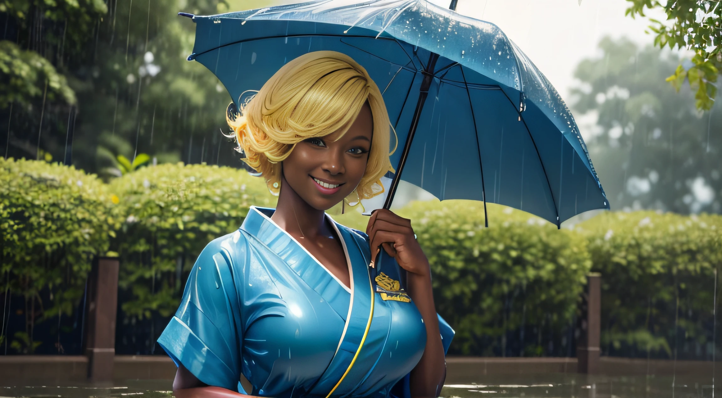 very huge breasts, dark skin, yellow hair, short hair, full body pose, Happy smile, realistic and detailed hands, realistic and detailed face, realistic and detailed tooth, realistic and detailed foots, realistic and detailed face, aviator sunglasses, green and blue short kimono, garden, raining, all wet, dancing in the rain.