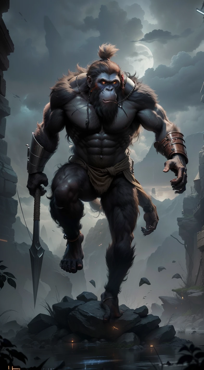 Monkey-faced alien warrior,Huge body,Monkey-faced aliens come from the unreal world,Standing on one leg on a large rock on the ground,The body is slender,The body resembles a giant orangutan,The whole body is hairy,(The face looks like a monkey),(A pair of long fangs sticks out of the mouth),(Very detailed and perfect facial depiction),(He held a long cylindrical iron rod in his hand:1.2),Long iron rods,Shape rules,Flexible jumping posture,(Carefully optimized hand structure),(He has two long beards on the top of his head),At the feet of the alien warriors are people fleeing in panic,Gray space,Very thick clouds,Clear moonlight,Surreal sci-fi scenes,From the bottom point of view(light and shadow effect),(Depth of field effect),(Tyndall),(Light particle tracing),(CG),(Horror movie lighting visuals),(Volumetriclighting),(Unreal 5),(cinema4d),(vivd colour),(Obvious layers),(Photography Award),(8k wallpaper),(Masterpiece),(best qualtiy), One picture,photorealestic,realisticlying