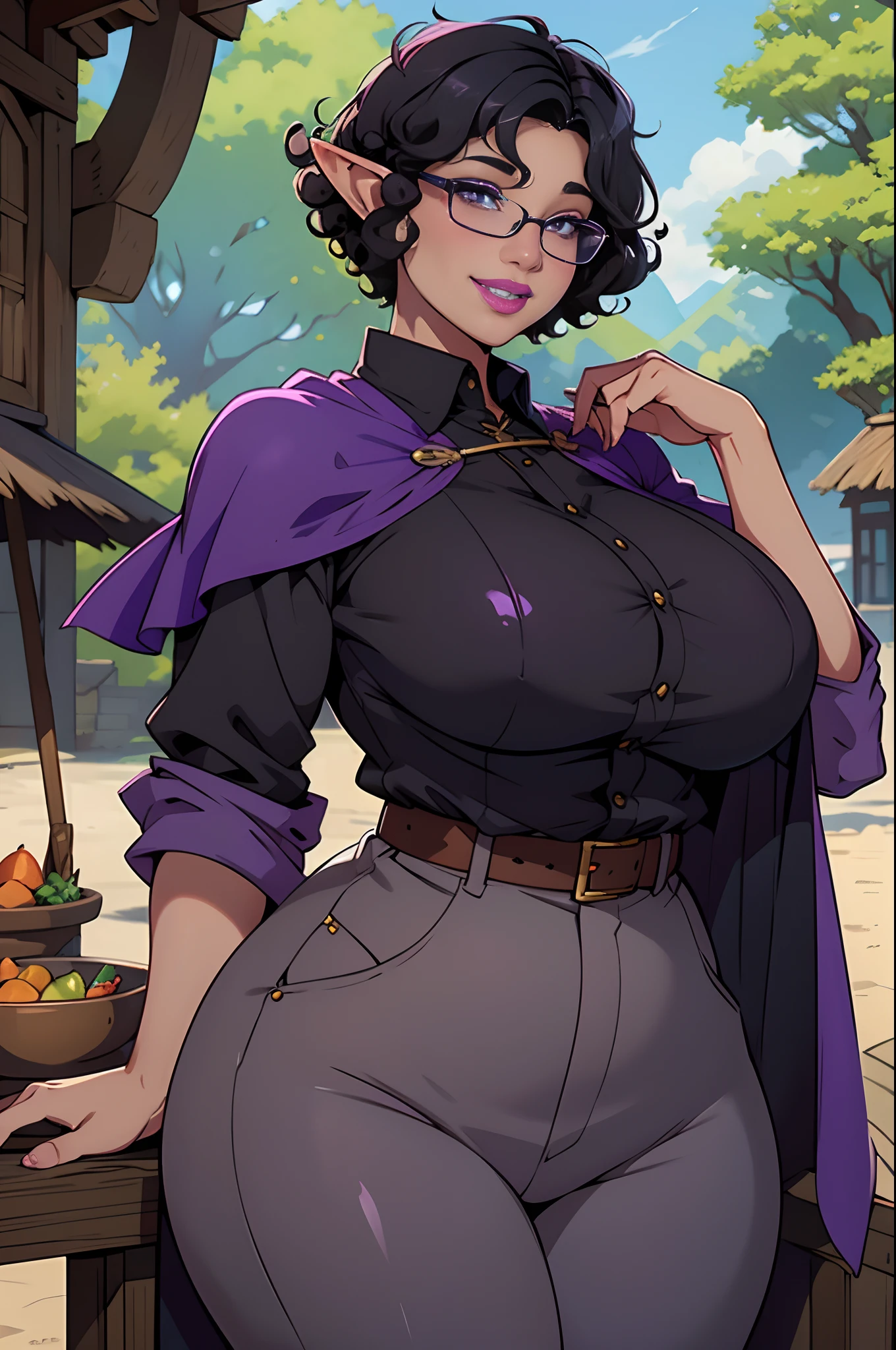 Solo, female, elf, purple skin, big breasts, lipstick, smiling, (big lips, plump lips, glossy lips), glasses, black hair, ((short hair, curly hair)), linen shirt, pants, fantasy village, cloak