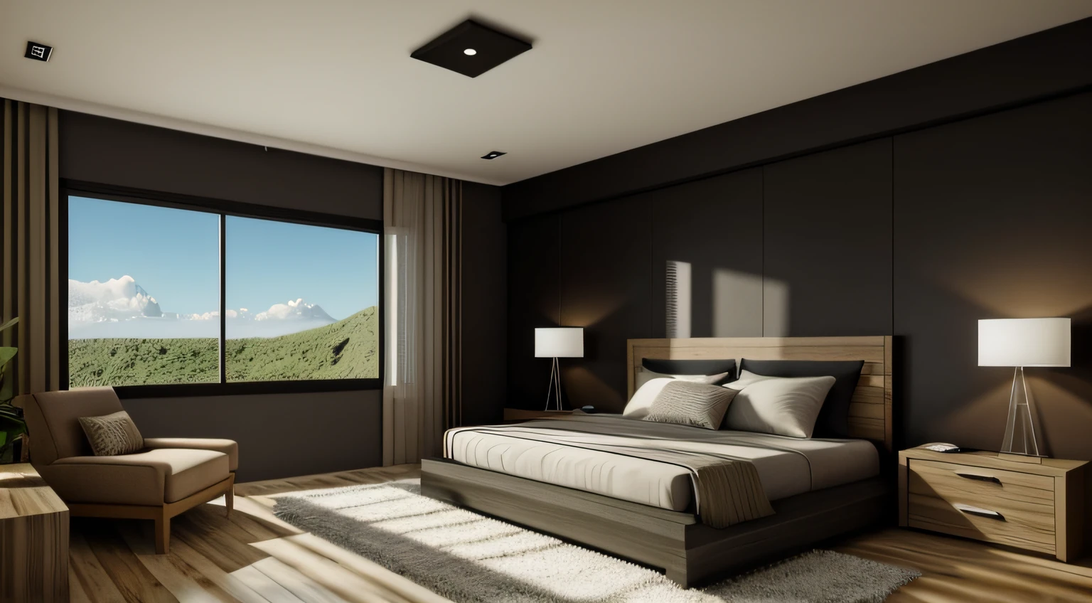 Arafed Room with one bed, una silla, y una gran ventana, cuarto oscuro, Bright room, bed room, interior escuro, Ambiente de lujo, Oscuro y realista, with photorealistic lighting, sala interior mal iluminada, Apartamento con paredes negras, Enscape renderizado, Renderizado bellamente detallado, Ambiente relajante, Cuarto fotorrealista, dense with vegetation