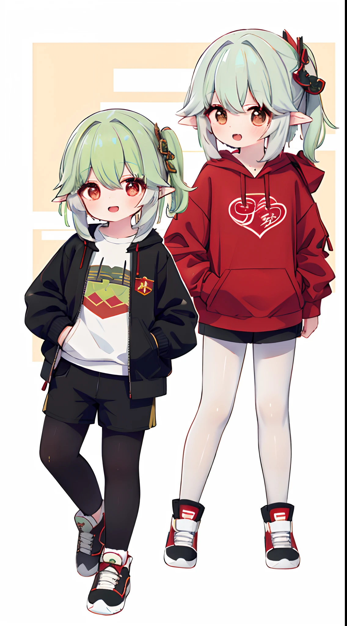 1girll, Solo, Green hair, Red eyes, Short hair, shirt, Open mouth, Smile, red colour，Sweatshirt。Red Chinese knot sweatshirt，Hood, Jacket, view the viewer, kazami yuuka, Long sleeves, Open clothes, bangs,shorter pants，lacepantyhose，Hand in pocket，athletic sneakers，Full body photo