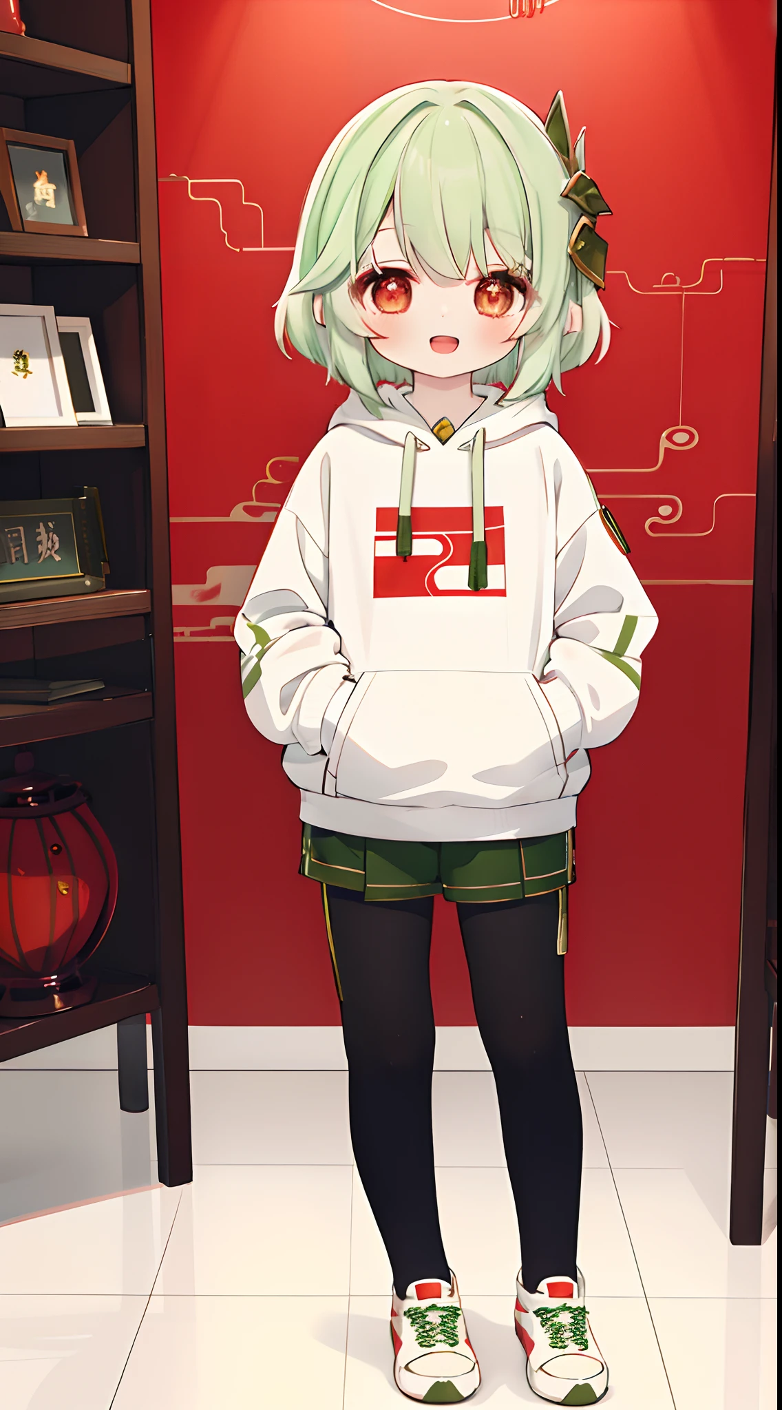 1girll, Solo, Green hair, Red eyes, Short hair, shirt, Open mouth, Smile, red colour,Sweatshirt。Red Chinese knot sweatshirt,Hood, Jacket, view the viewer, kazami yuuka, Long sleeves, Open clothes, bangs,shorter pants,lacepantyhose,Hand in pocket,athletic sneakers,Full body photo