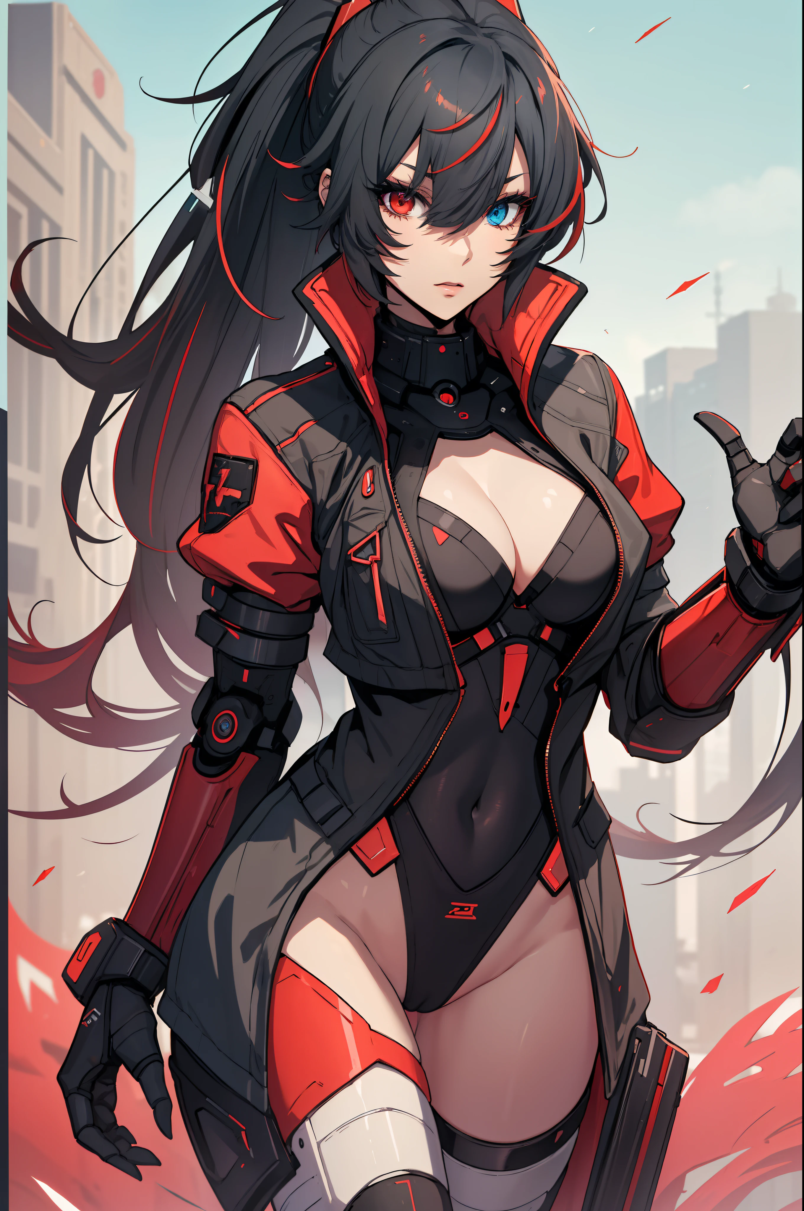(best quality, masterpiece, anime) (solo) (black hair, very long hair, single ponytail), (heterochromia_eyes_red_and_blue:1.4), thick thighs, huge breasts, muscular, athletic, cyborg, (robot arms:1.3), (robot legs:1.2), (high-leg leotard:2.9, one-piece, red_black_outift:1.3, cleavage), (cropped jacket:1.3), headgear, toned body, 1 woman, (age 30), swords, beautiful, sexy, first rate body, Lucia_Crimson_Weave, Lucia