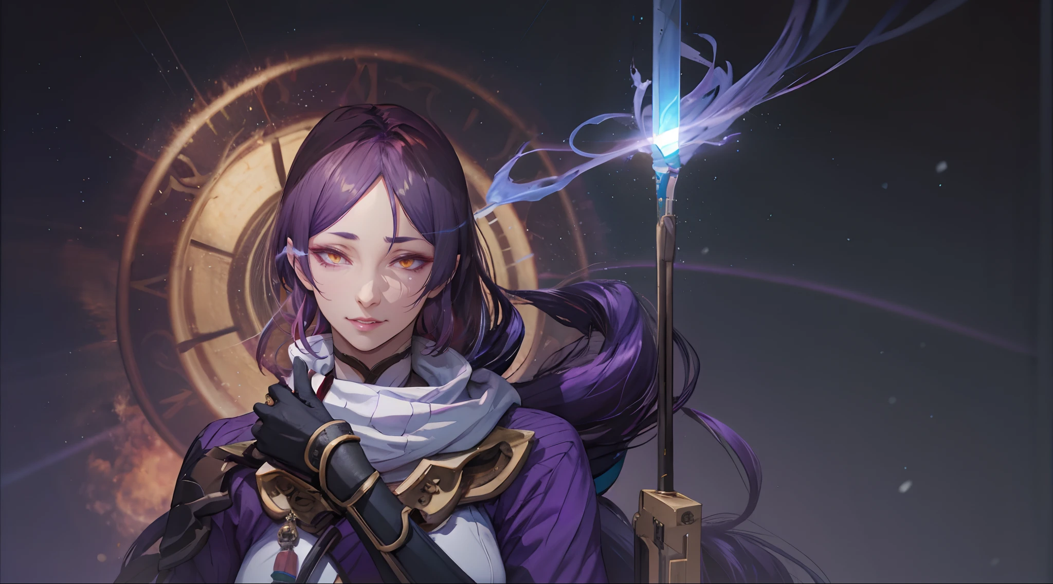 hmmr1, minamoto no raikou (fate), (dark-purple hair, long hair:1.7), epic art, fantasy art, a woman standing in front of a clock holding a wand, a character portrait, by Yang J, pixiv contest winner, maya ali as a lightning mage, rendered in 4 k, npc with a saint's halo, illustrious, arcane art style, ( ( god king of ai art ) ), high detailed), hera, cunning expression, glow effects, godrays, Hand drawn, render, 8k, octane render, cinema 4d, blender, dark, atmospheric 4k ultra detailed, cinematic, Sharp focus, big depth of field, Masterpiece, colors, 3d octane render, 4k, concept art, trending on artstation, hyperrealistic, Vivid colors, extremely detailed CG unity 8k wallpaper, trending on CGSociety, Intricate, High Detail, dramatic,