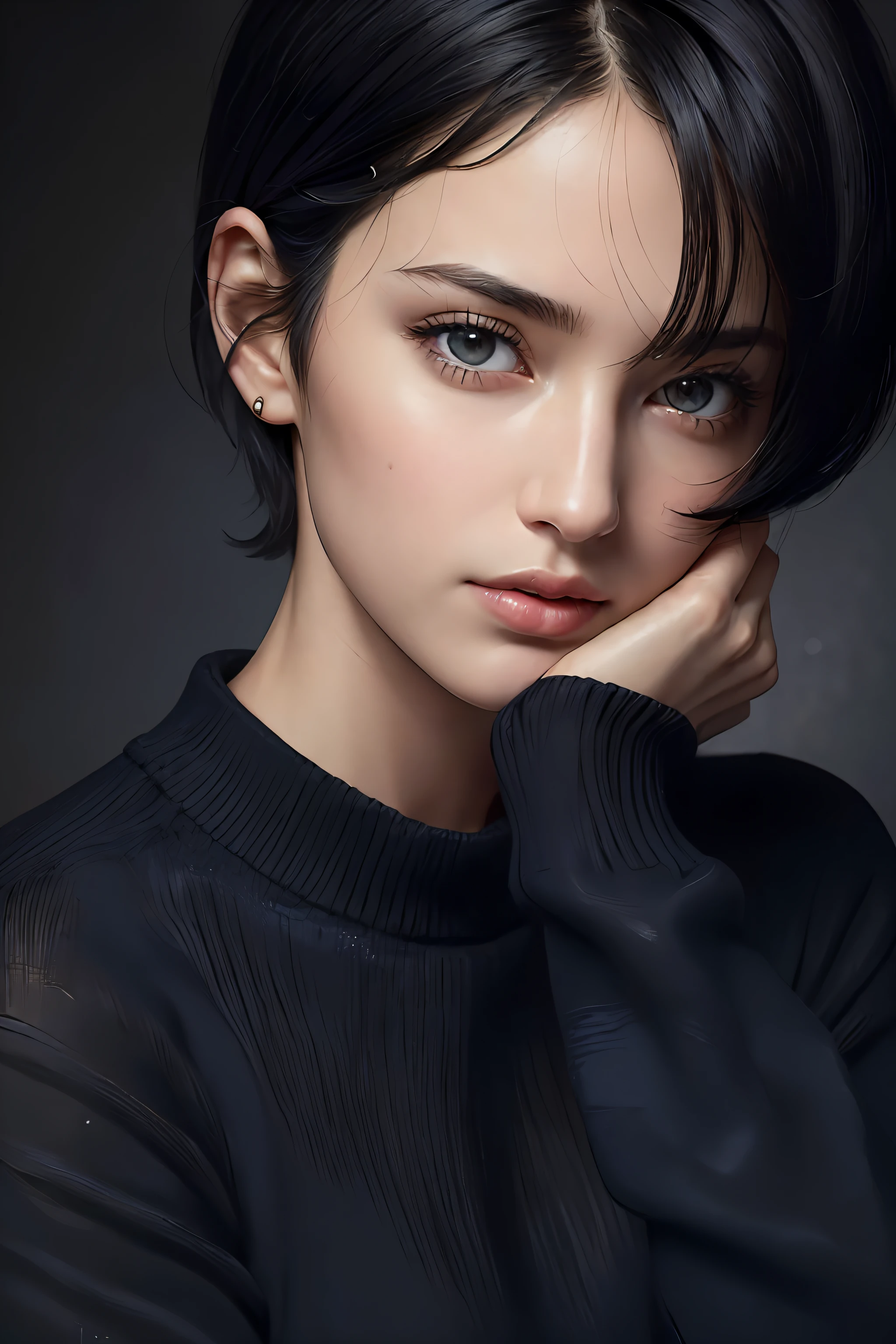 (masterpiece:1.3), (8k, photorealistic, RAW photo, best quality: 1.4), (1girl), beautiful face, (realistic face), (black hair, short hair:1.3), beautiful hairstyle, realistic eyes, beautiful detailed eyes, (realistic skin), beautiful skin, (navy blue sweater), absurdres, attractive, ultra high res, ultra realistic, highly detailed, golden ratio, dark, rim lighting