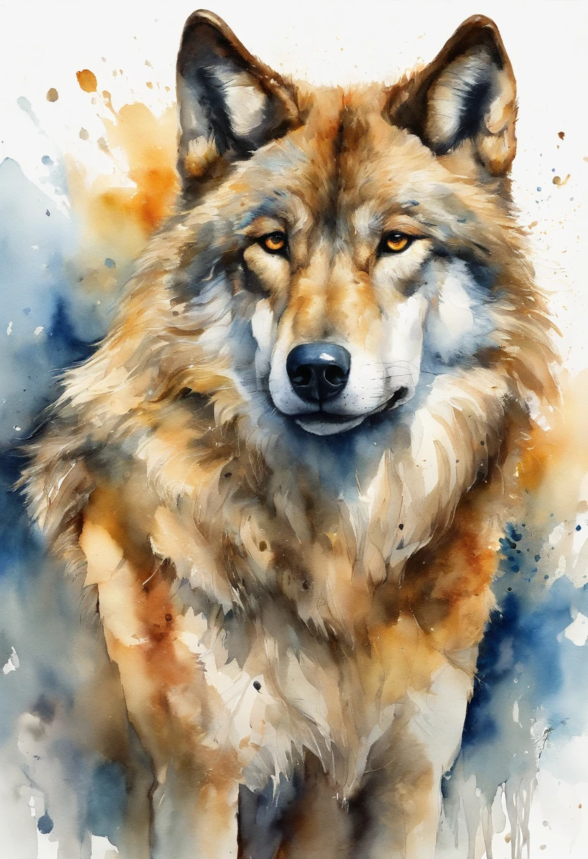 Howl of the Wolf、Golden Wolf、The playful gaze is fixed forward、Create realistic images of caramel wolves whose bodies blend into abstract backgrounds of different golden shades. The blue spots in the background are、Harmonizes smoothly with golden shades