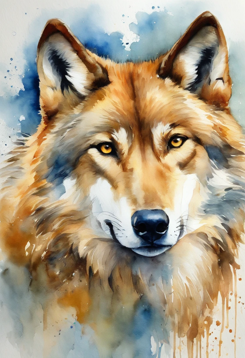 Howl of the Wolf、Golden Wolf、The playful gaze is fixed forward、Create realistic images of caramel wolves whose bodies blend into abstract backgrounds of different golden shades. The blue spots in the background are、Harmonizes smoothly with golden shades