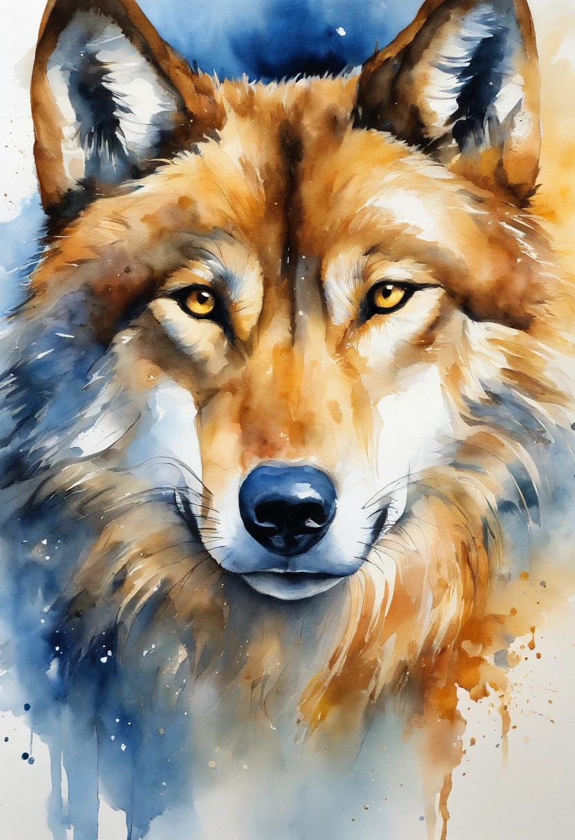 Howl of the Wolf、Golden Wolf、The playful gaze is fixed forward、Create realistic images of caramel wolves whose bodies blend into abstract backgrounds of different golden shades. The blue spots in the background are、Harmonizes smoothly with golden shades