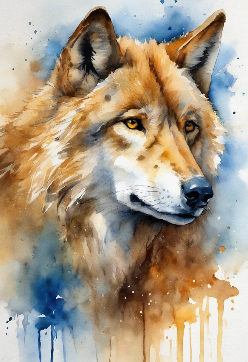 Howl of the Wolf、Golden Wolf、The playful gaze is fixed forward、Create realistic images of caramel wolves whose bodies blend into abstract backgrounds of different golden shades. The blue spots in the background are、Harmonizes smoothly with golden shades