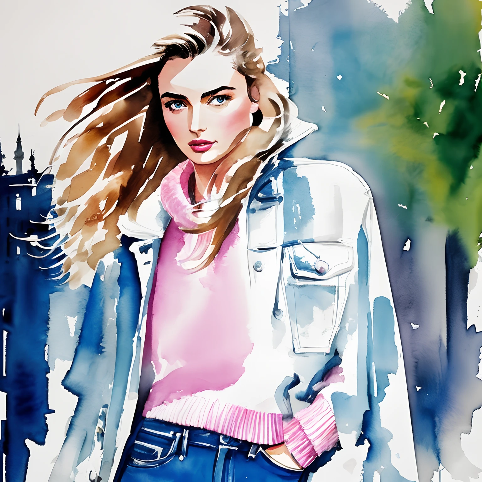 David Downton fashion illustration watercolor, blonde thin bob hair 1woman, blue eyes, Andreea Diaconu, fluffy pink sweater, light blue trendy denim jacket, apple green tea, Paris street, lilac