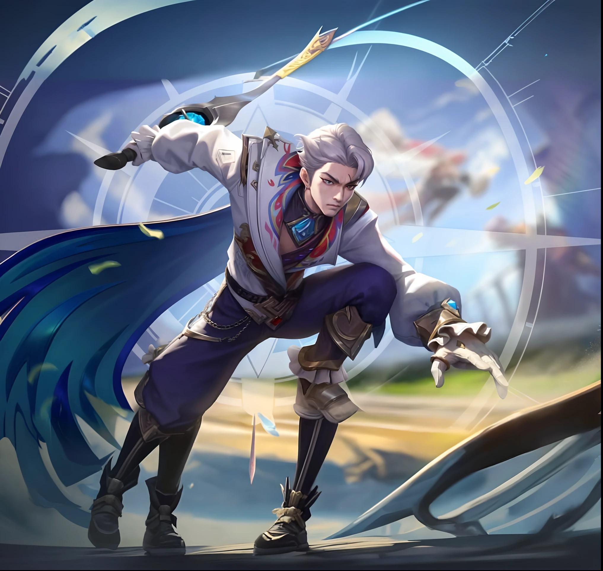 a close up of a person on a skateboard with a sword, heise jinyao, keqing from genshin impact, sakimichan frank franzzeta, xqc, sylas, inspired by Huang Shen, zhongli from genshin impact, official splash art, sakimichan, zhao yun, key anime art, genshin impact character