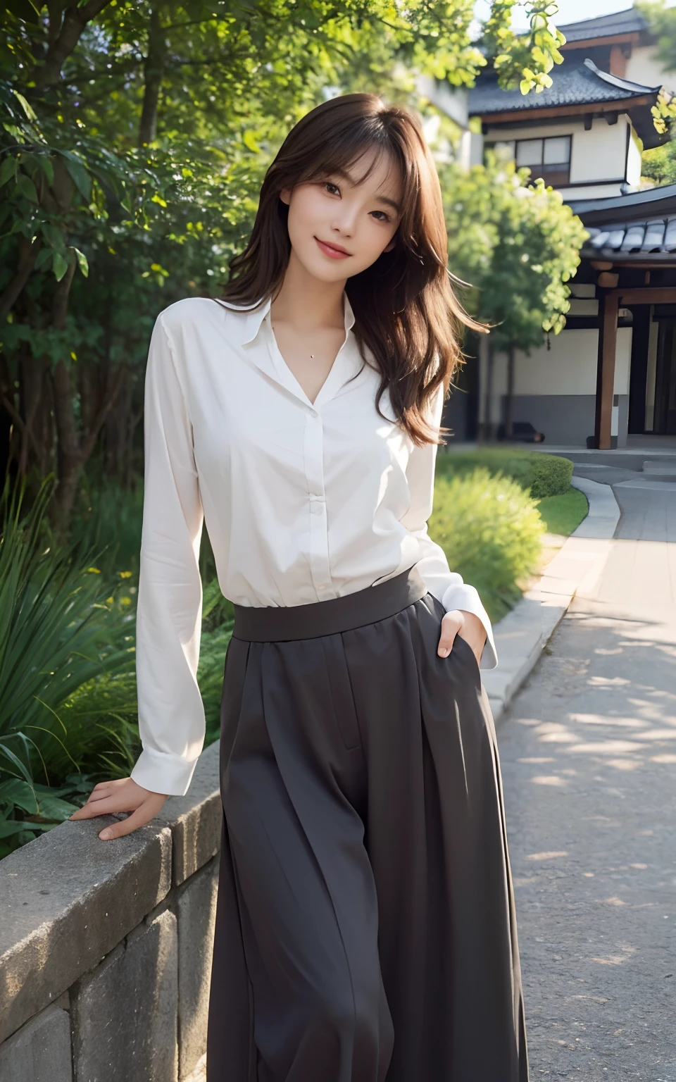 Masterpiece, Best picture quality, High quality, Outdoor background，Beautiful woman, Japanese, Detailed, Detailed eyes, Detailed skin, Beautiful skin, 超A high resolution, (reality: 1.4),Very beautiful, Slightly younger face, Beautiful skin, Slender, (Ultra photo realsisim), (A high resolution), (8K), (Very detailed) (Beautifully detailed eyes), (Super detailed), long  skirt，leisure wear，校服，Pants, (the wallpaper), (Detailed face), view the viewer, Fine details, Detailed face, Smiling, Staring straight ahead, Staring straight ahead, angle from waist up, Realistic photo, Bright lighting, Professional lighting, Mature woman, Brown hair, Sway in the wind Straight hair side by side, Long stylish bangs,