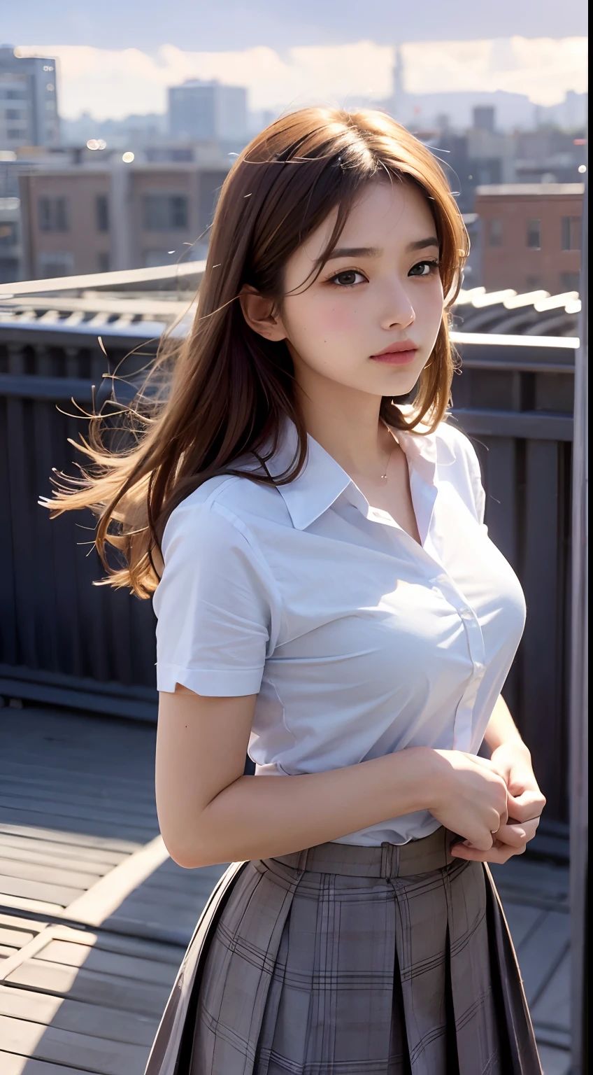 On the Top Quality, Masterpiece, High Definition, 16k image, beautiful high school girl, 赤面, 開脚中, medium bobbed hair, beautiful light brown hair, beautiful light brown eyes, (plump big tits), high school uniform, nipped in waist, short sleeved white blouse, pleated skirt , serene rooftop of a school, a gentle breeze sweeps through as the sun gracefully descends in the western sky. Capture this moment where elegantly attired high school girls in uniforms have their hair gently tousled by the wind, bathed in the warm hues of the setting sun. The city’s skyscrapers create a beautiful silhouette in the background, while orange-tinted clouds stretch across the sky. Convey the tranquility and beauty of this fleeting moment.