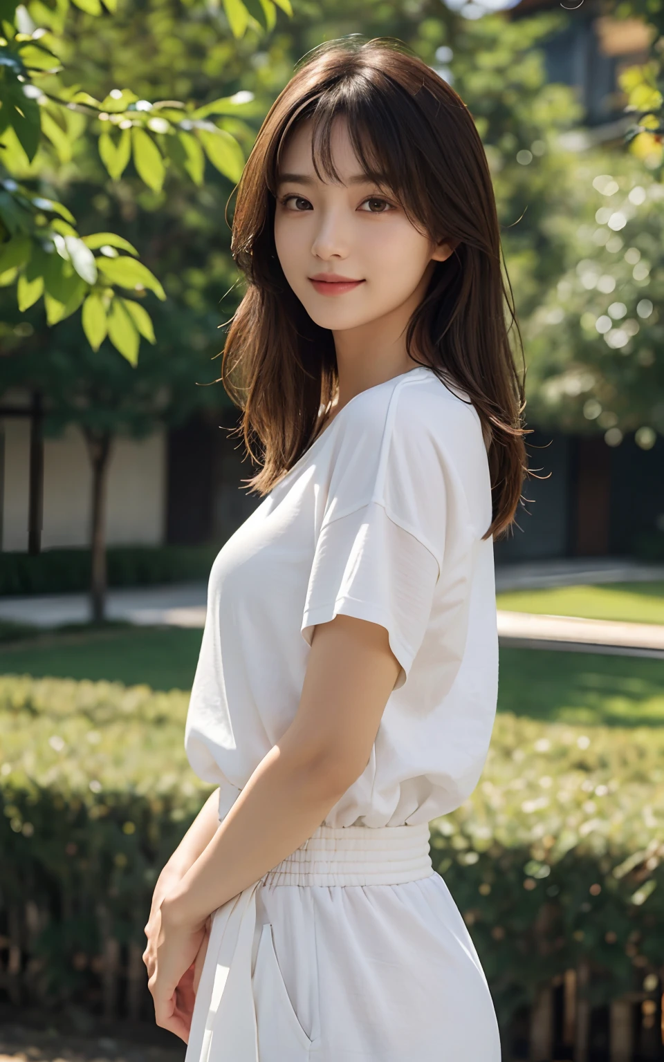 Masterpiece, Best picture quality, High quality, Outdoor background,Beautiful woman, Japanese, Detailed, Detailed eyes, Detailed skin, Beautiful skin, 超A high resolution, (reality: 1.4),Very beautiful, Slightly younger face, Beautiful skin, Slender, (Ultra photo realsisim), (A high resolution), (8K), (Very detailed) (Beautifully detailed eyes), (Super detailed), leisure wear,校服,Pants, (the wallpaper), (Detailed face), view the viewer, Fine details, Detailed face, Smiling, Staring straight ahead, Staring straight ahead, angle from waist up, Realistic photo, Bright lighting, Professional lighting, Mature woman, Brown hair, Sway in the wind Straight hair side by side, Long stylish bangs,