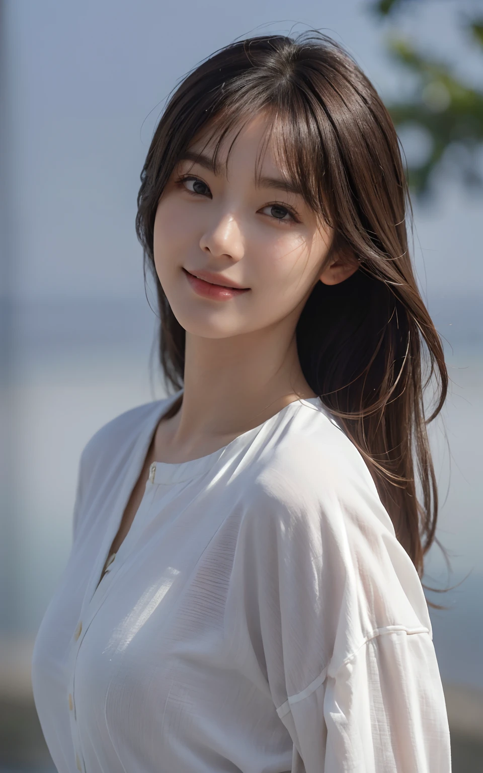 Masterpiece, Best picture quality, High quality, Outdoor background,Beautiful woman, Japanese, Detailed, Detailed eyes, Detailed skin, Beautiful skin, 超A high resolution, (reality: 1.4),Very beautiful, Slightly younger face, Beautiful skin, Slender, (Ultra photo realsisim), (A high resolution), (8K), (Very detailed) (Beautifully detailed eyes), (Super detailed), leisure wear,校服,Pants, (the wallpaper), (Detailed face), view the viewer, Fine details, Detailed face, Smiling, Staring straight ahead, Staring straight ahead, angle from waist up, Realistic photo, Bright lighting, Professional lighting, Mature woman, Brown hair, Sway in the wind Straight hair side by side, Long stylish bangs,