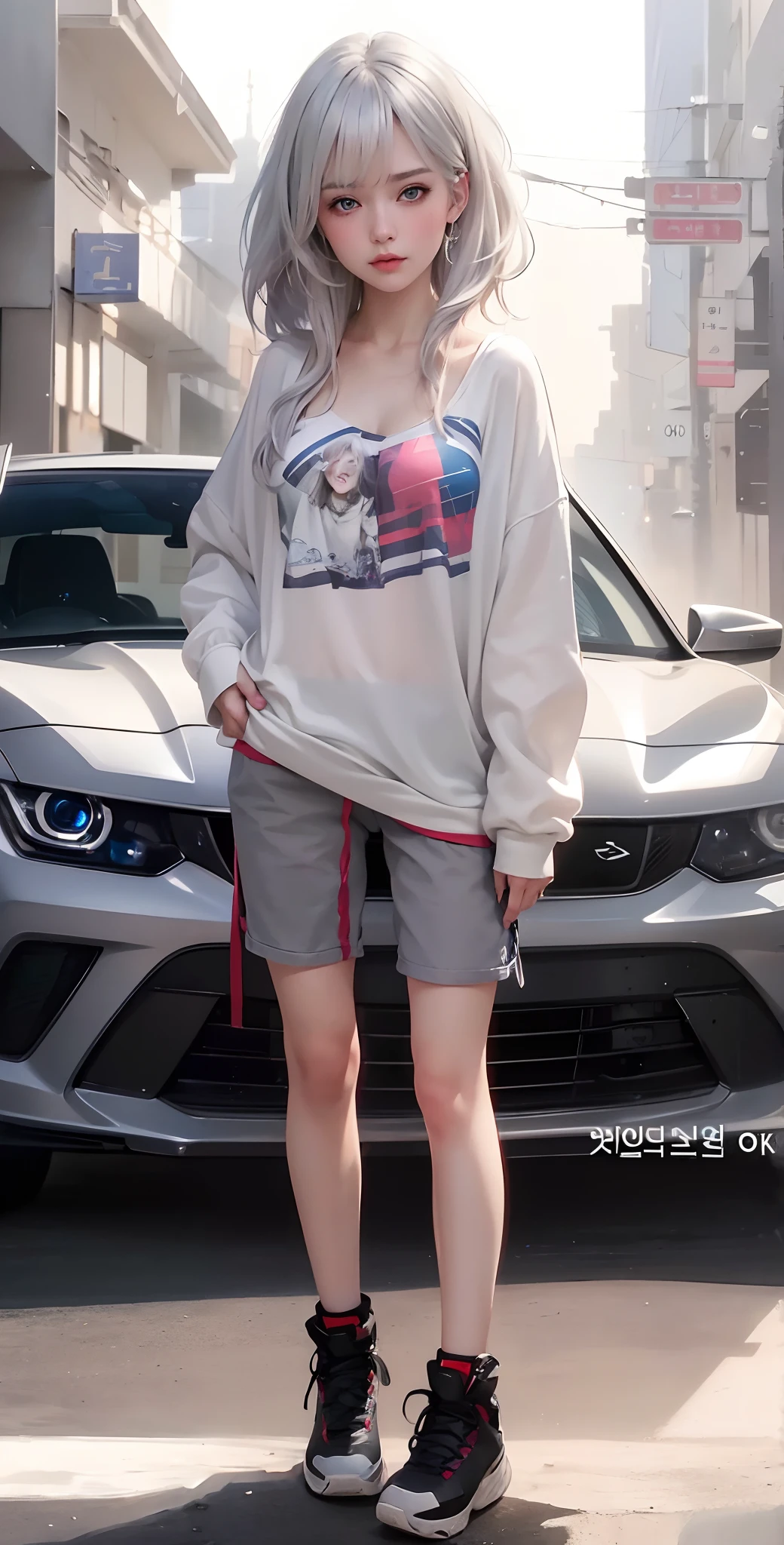 best quality, ultra high res, (photorealistic:1.4), 8k resolution, girl, (silver hair:1.3) , realistic blue eyes, (realistic hair:1.2), (Korean girl:1.2), (realistic eyes:1.2), (beauty face:1.3), perfect body, white pale skin, small breast, cleavage, , (eyes looked up:1.3), petite , Sports bikini, flat chest