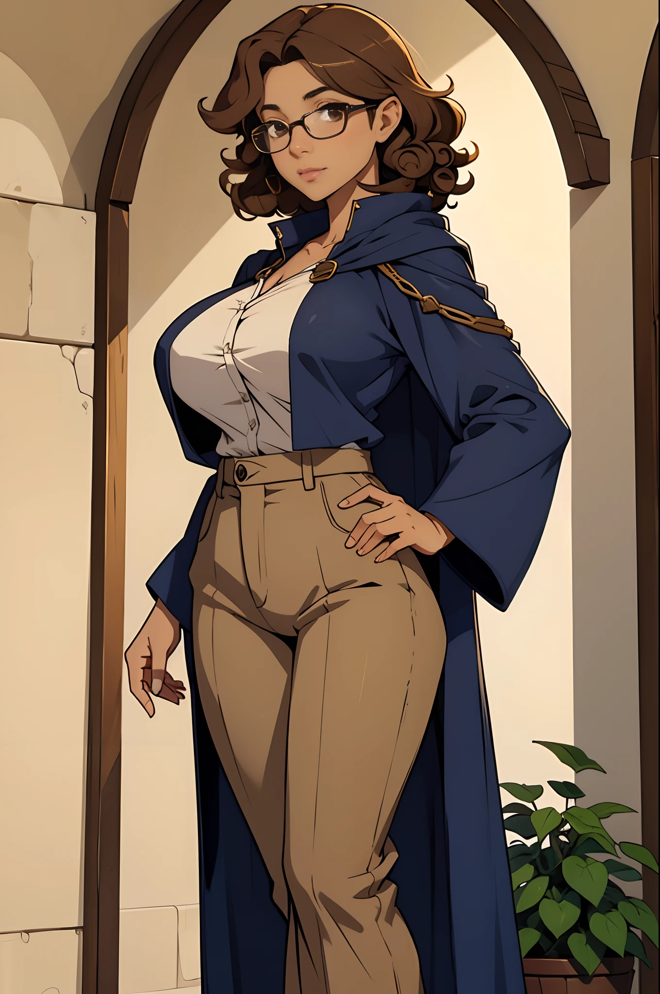 Solo, female, standing, looking at viewer, (tan skin), fantasy village, linen shirt, navy cloak, pants, light brown hair, curly hair, glasses, big breasts